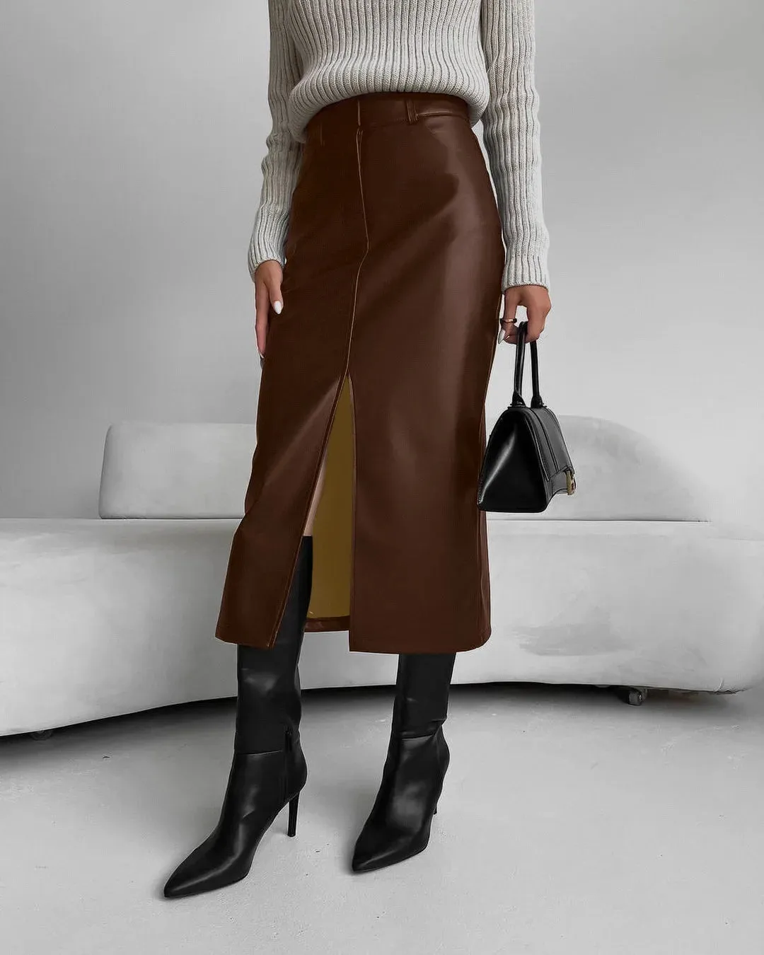 Retro High-Waisted PU Leather Slit Skirt Bottom