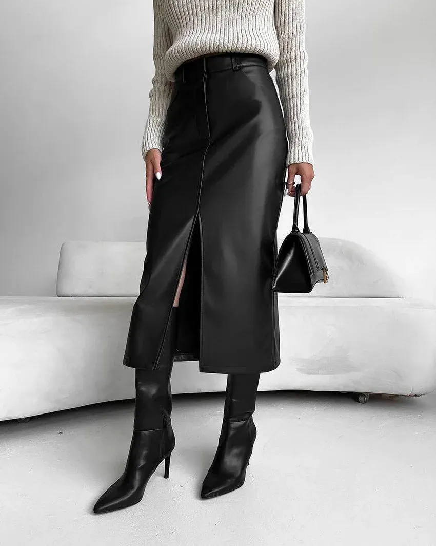 Retro High-Waisted PU Leather Slit Skirt Bottom