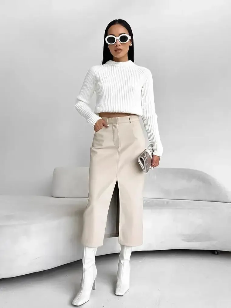 Retro High-Waisted PU Leather Slit Skirt Bottom