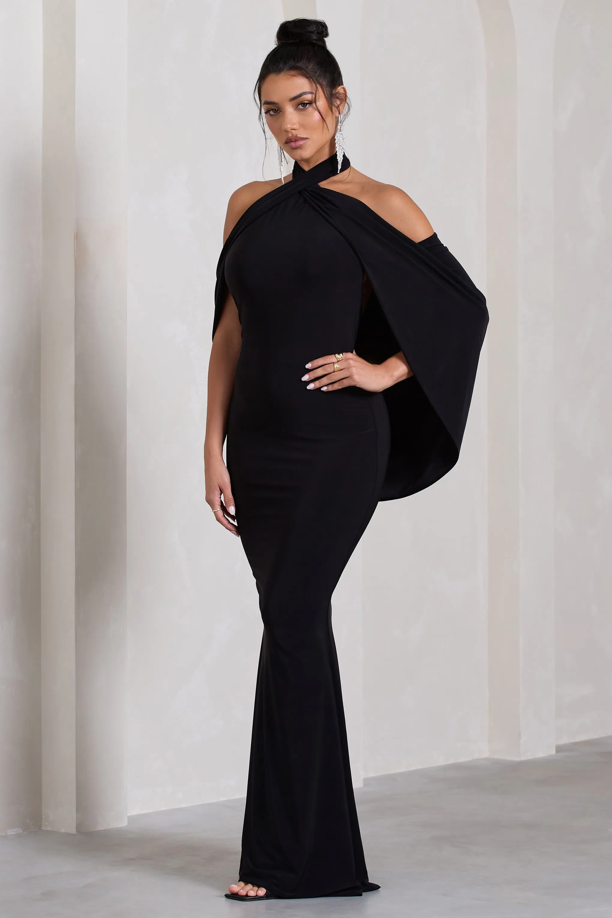 Revelation | Black Crossed Halter-Neck Fishtail Maxi Dress With Cape