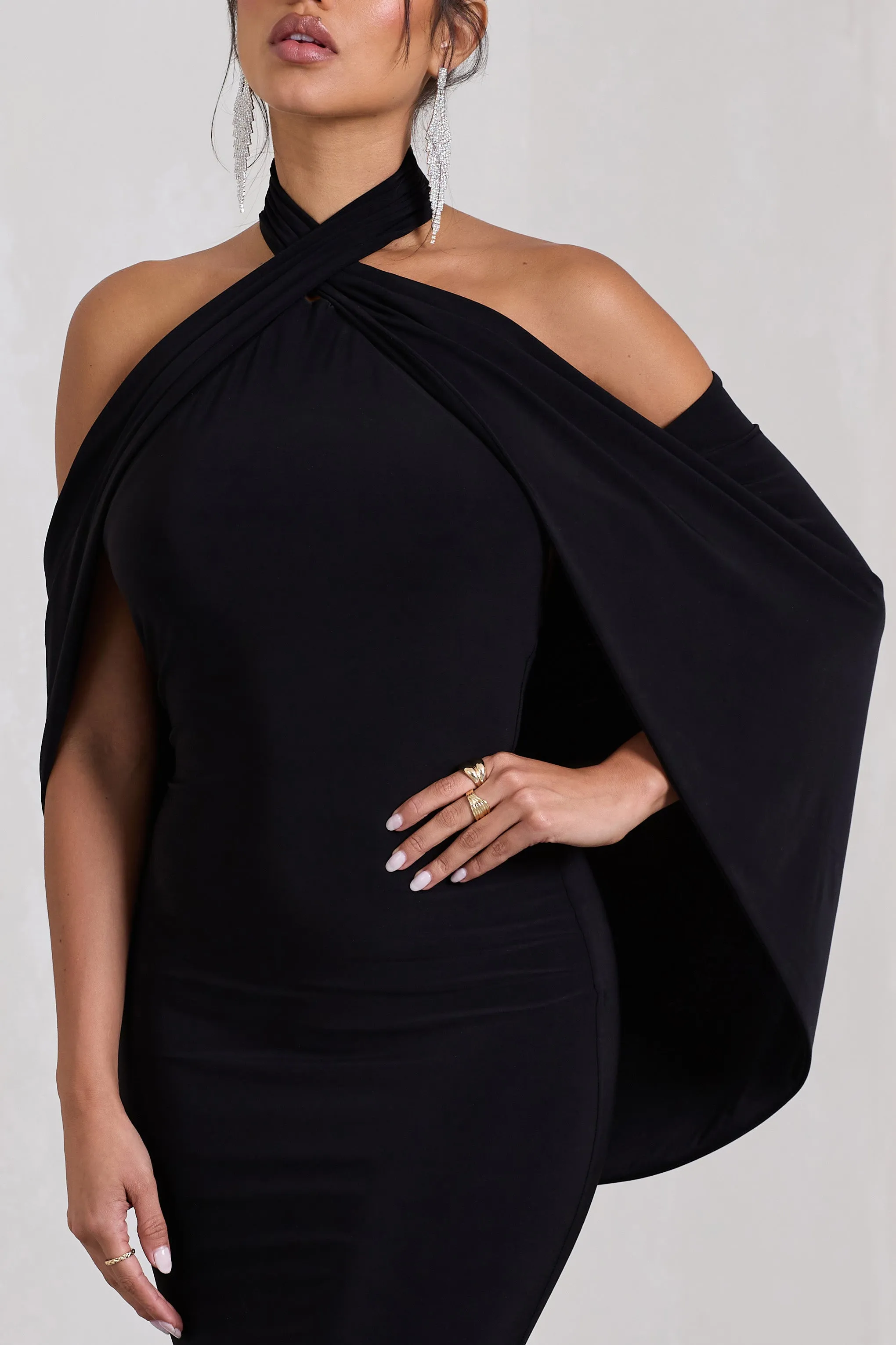 Revelation | Black Crossed Halter-Neck Fishtail Maxi Dress With Cape