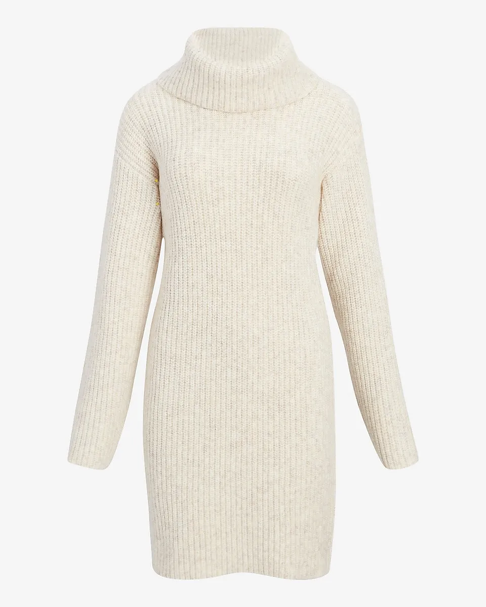 Ribbed Turtleneck Long Sleeve Mini Sweater Dress in Light Oatmeal Heather