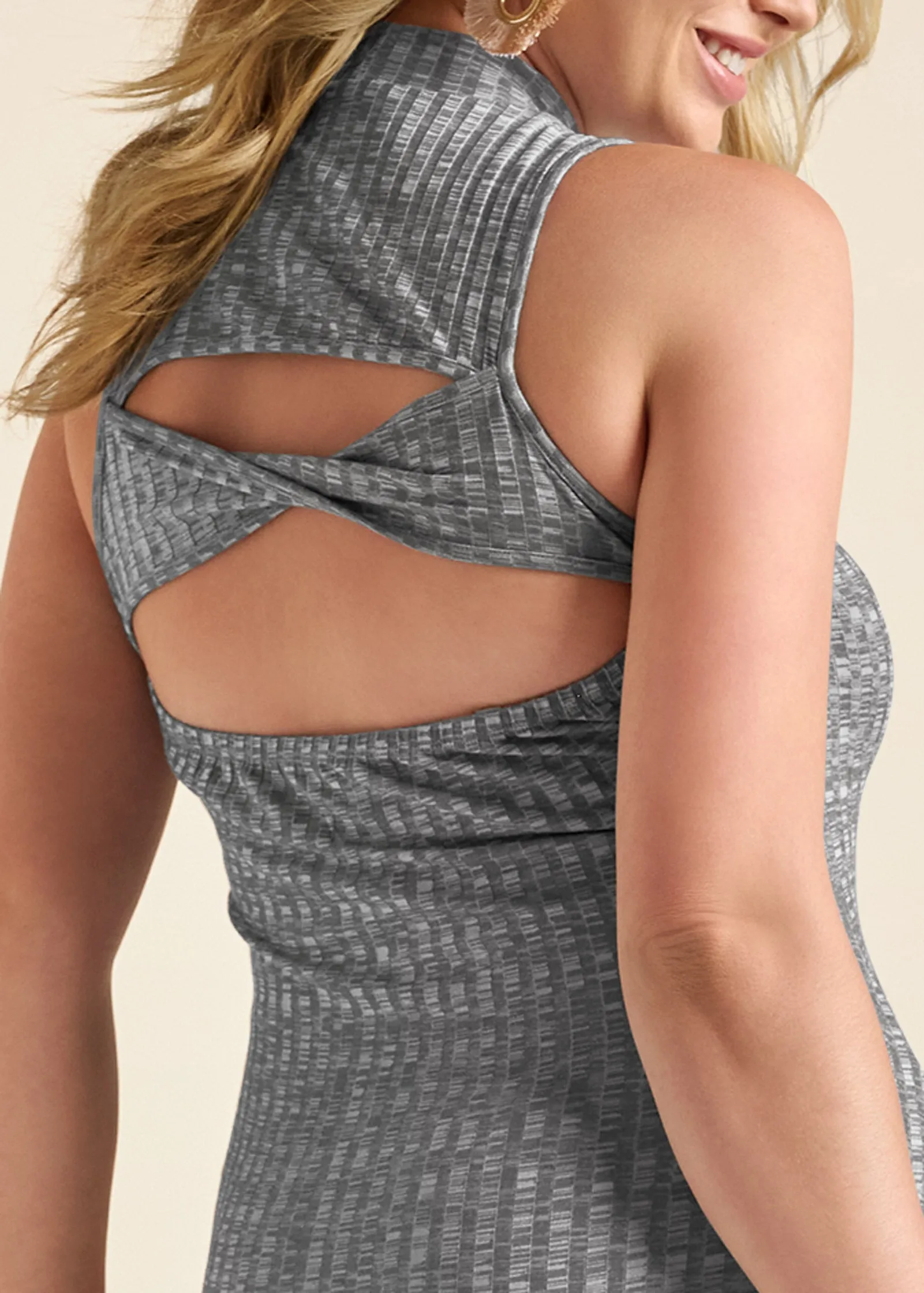 Ribbed Twist-Back Dress  - Heather Grey