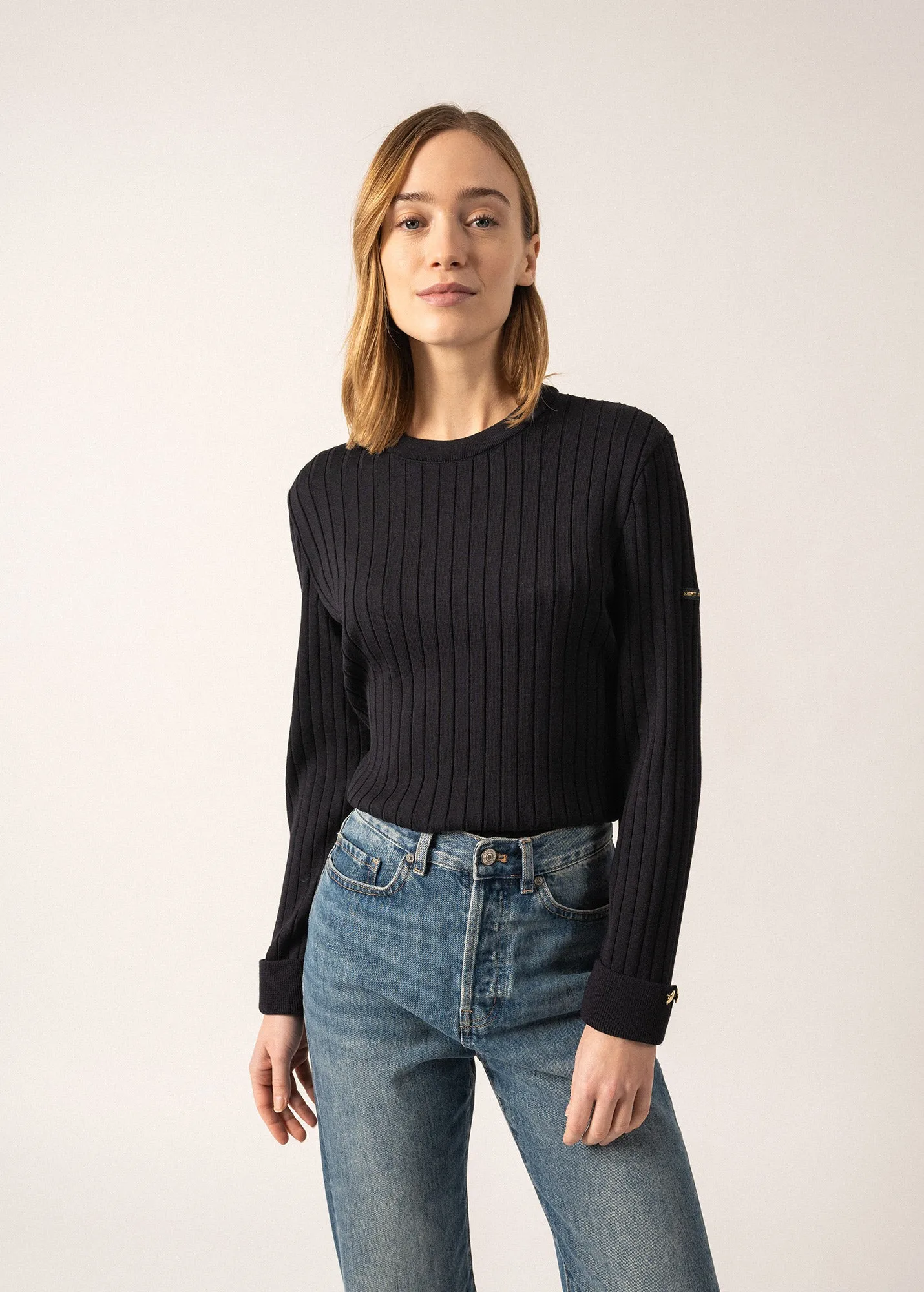 RIVAGE - Flat-Rib Knit Sweater with Gold Cuff Buttons for Women | 100% Wool (NAVY)