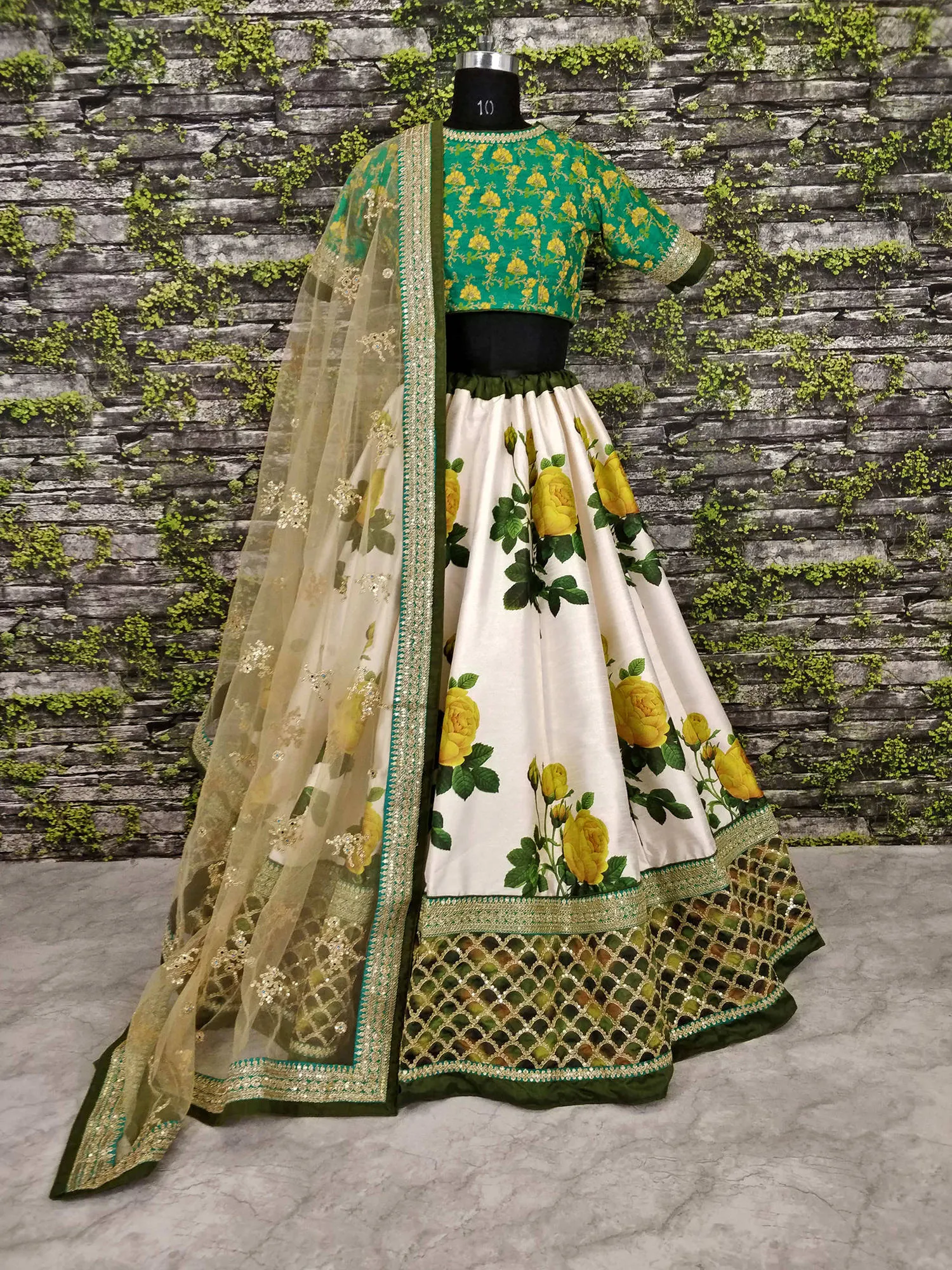 Rose Florals Printed Designer Lehengas with Heavily Embroidered Blouse