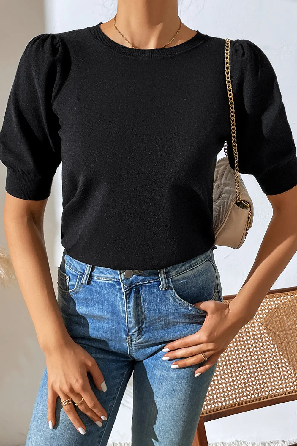 Round Neck Puff Sleeve Knit Top