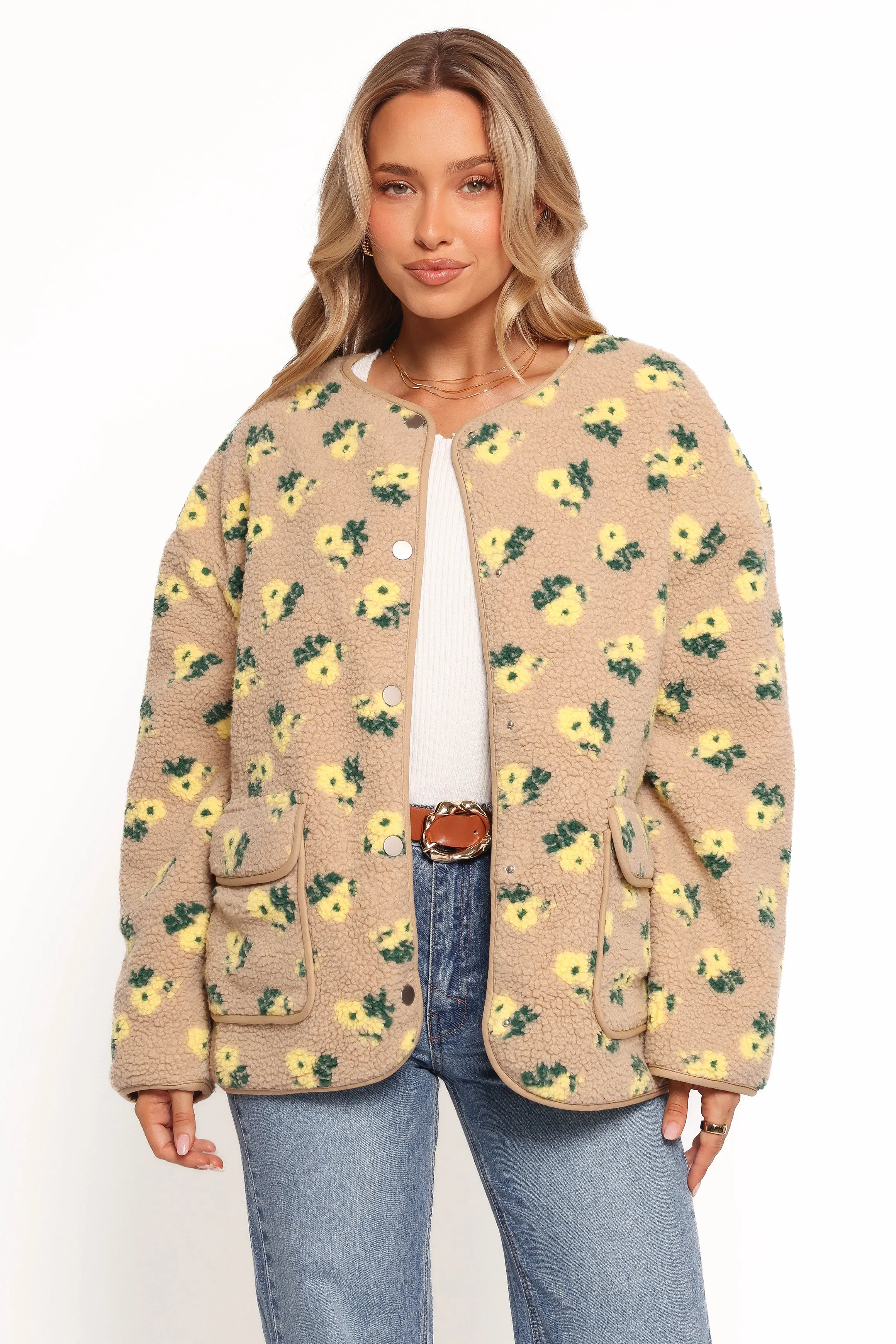 Roux Flower Print Shearling Jacket - Taupe