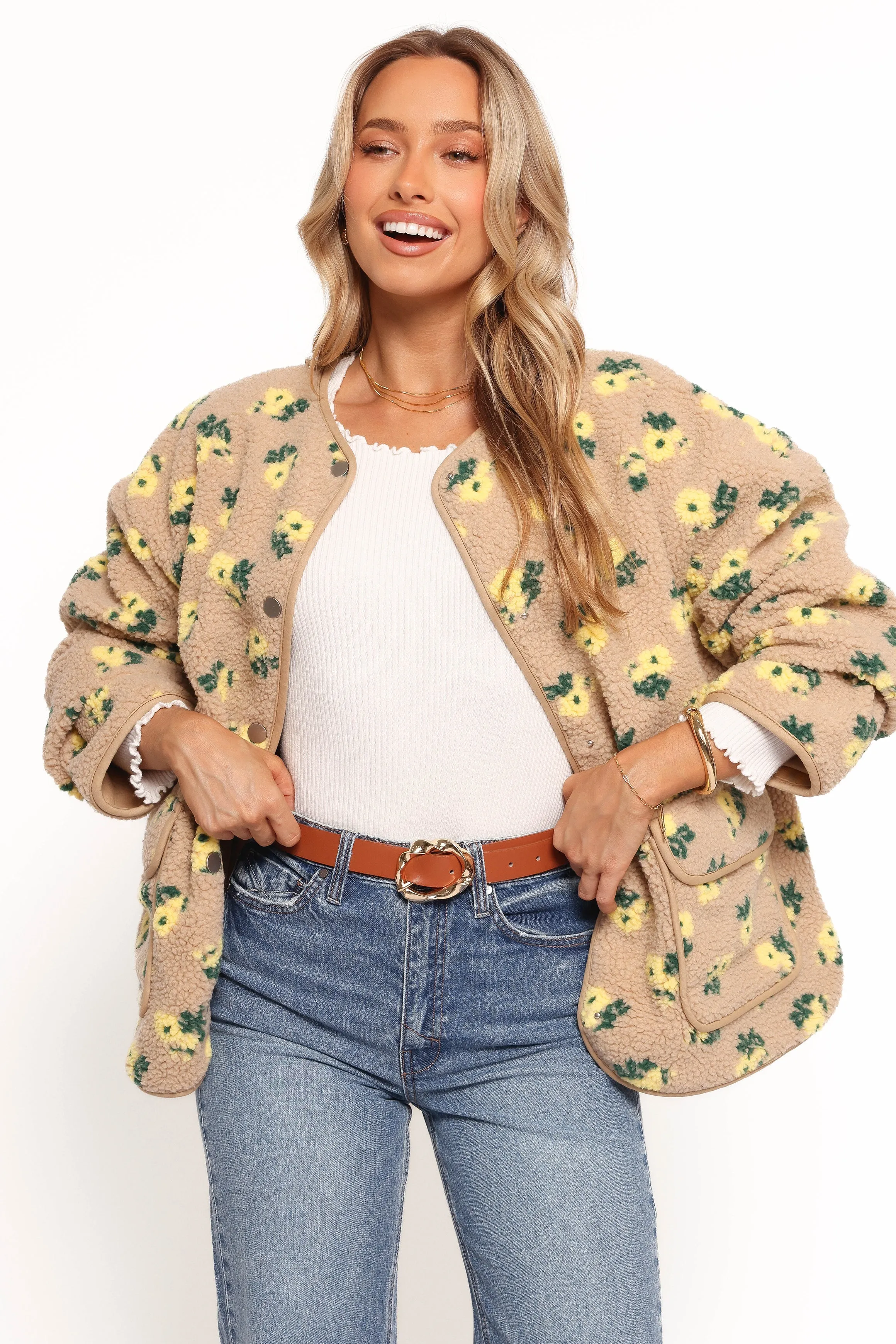 Roux Flower Print Shearling Jacket - Taupe