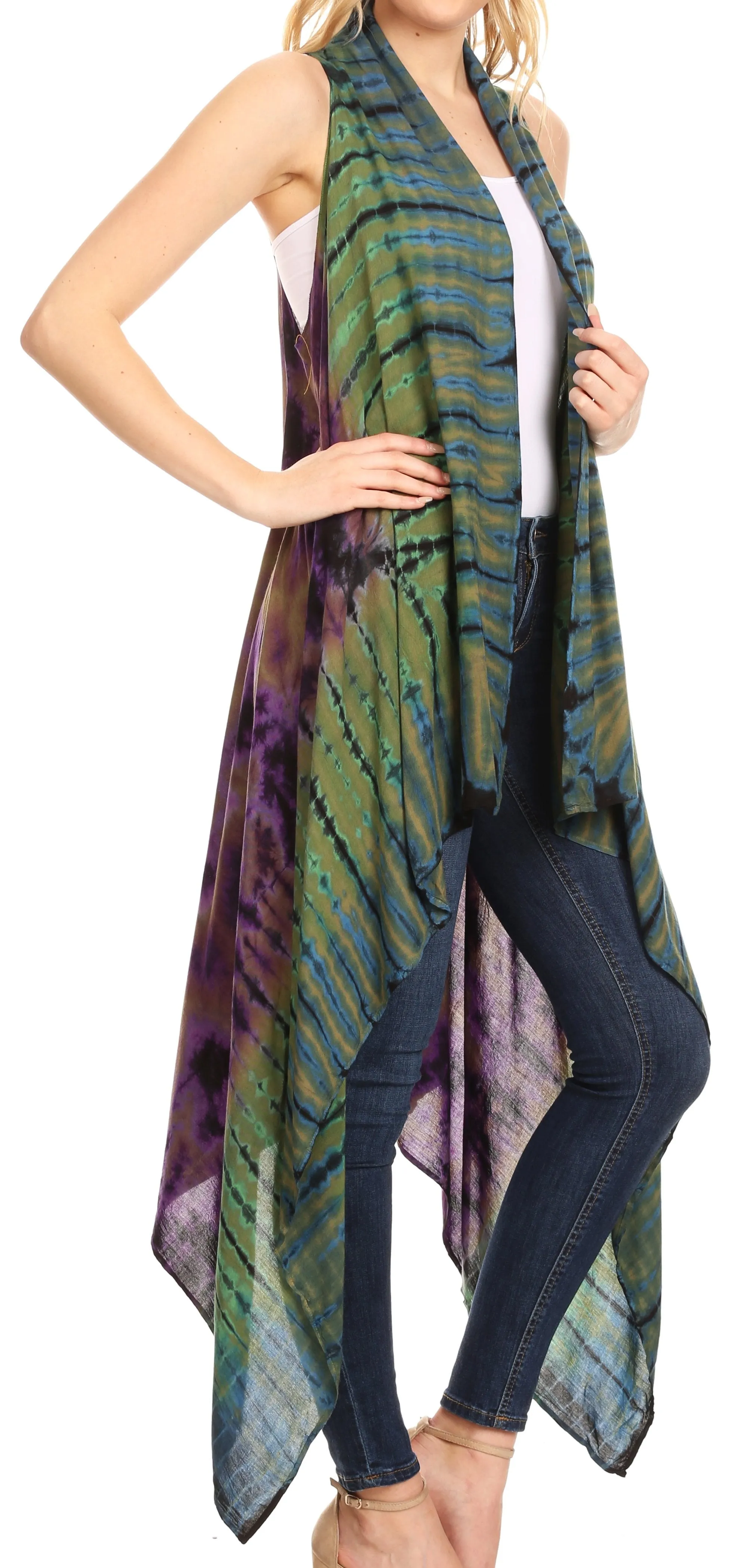 Sakkas Ivana Women's Oversized Draped Open Front Sleeveless Cardigan in Tie Dye