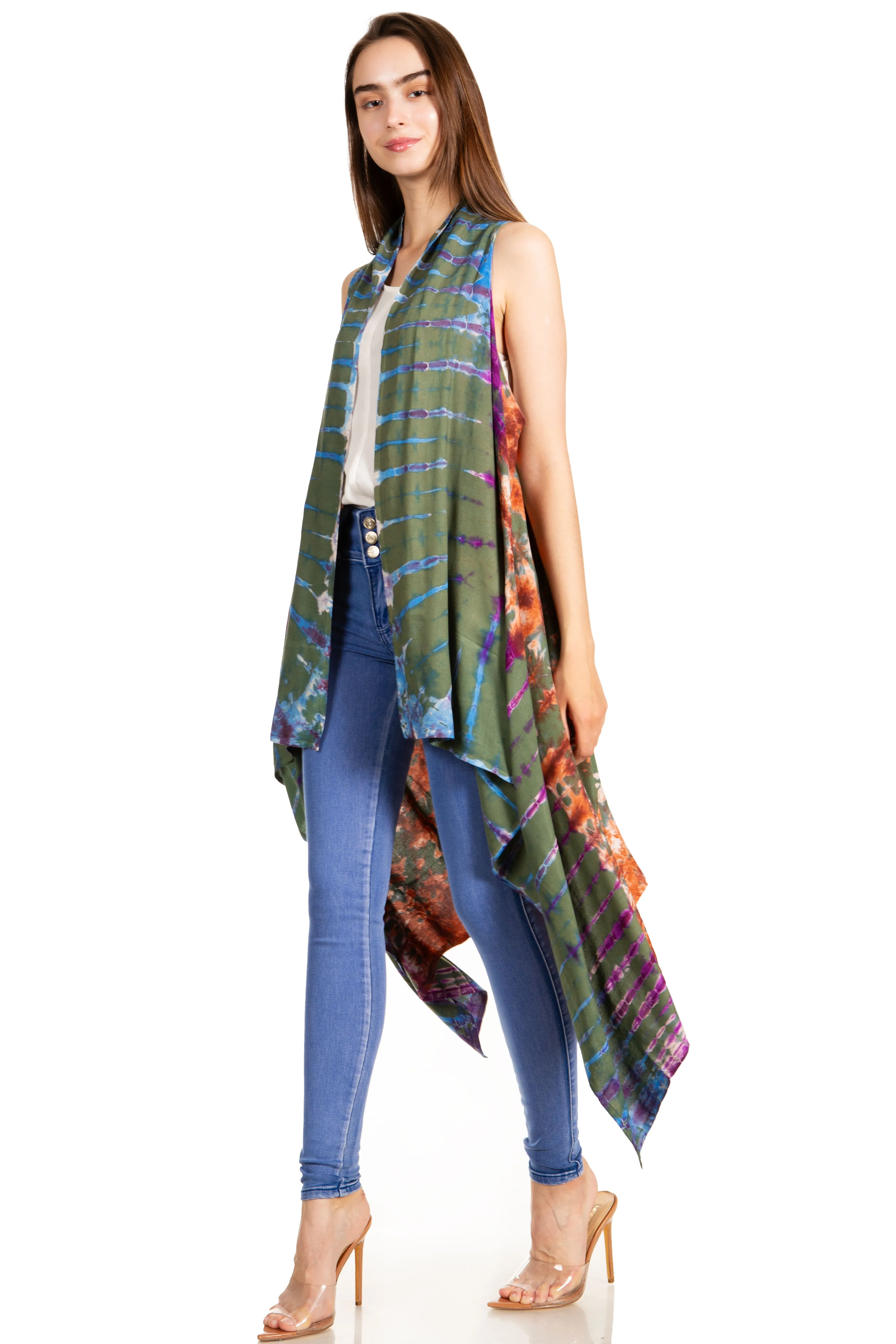 Sakkas Ivana Women's Oversized Draped Open Front Sleeveless Cardigan in Tie Dye