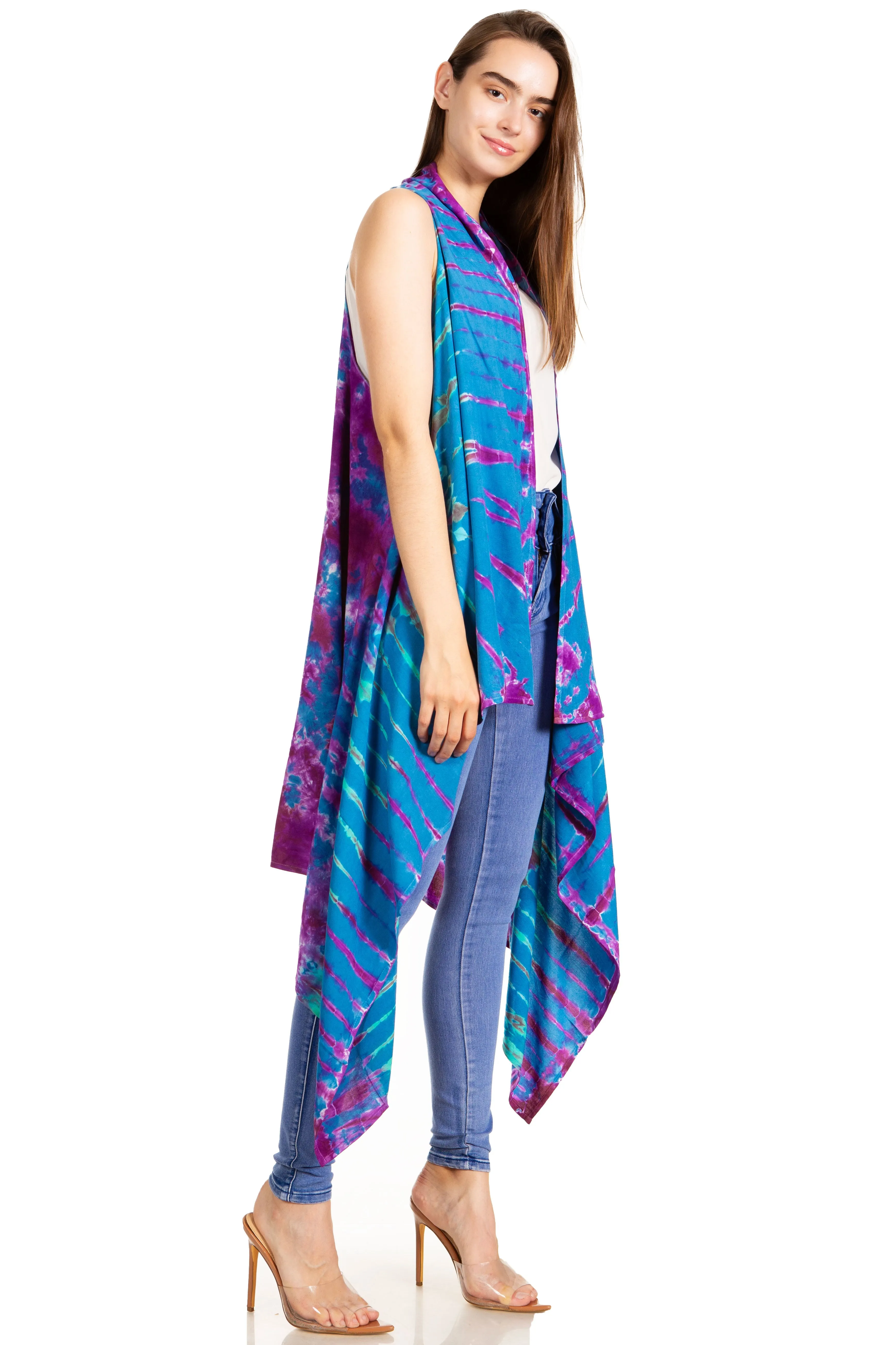 Sakkas Ivana Women's Oversized Draped Open Front Sleeveless Cardigan in Tie Dye