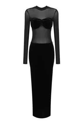 Sexy Sheer Mesh Mock Neck Bustier Long Sleeve Velvet Evening Maxi Dress