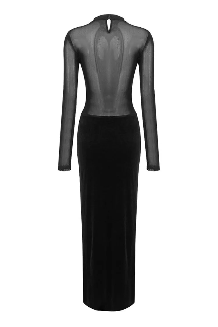 Sexy Sheer Mesh Mock Neck Bustier Long Sleeve Velvet Evening Maxi Dress