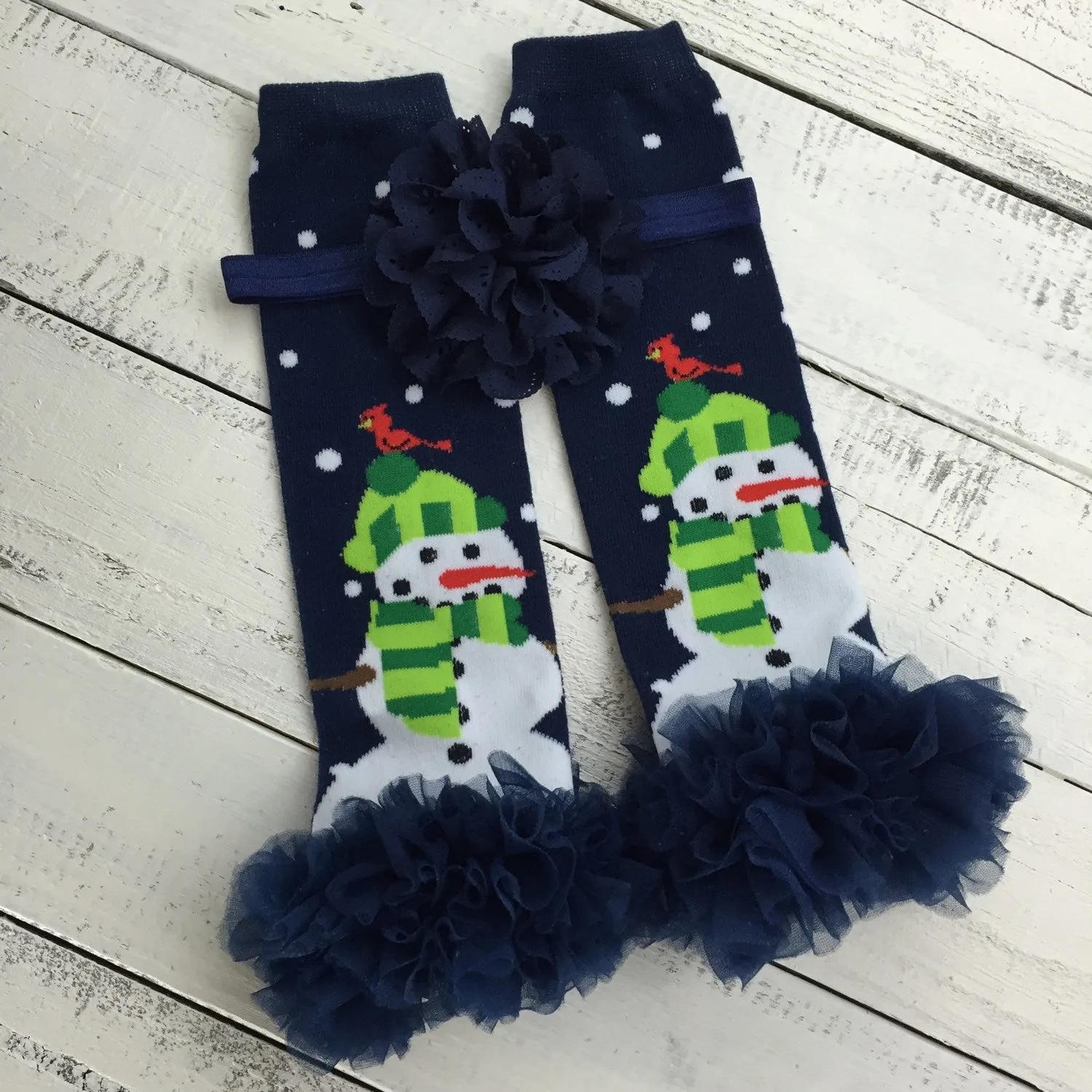 Snowman leg warmers, matching navy flower headband and ruffle bottom bloomers