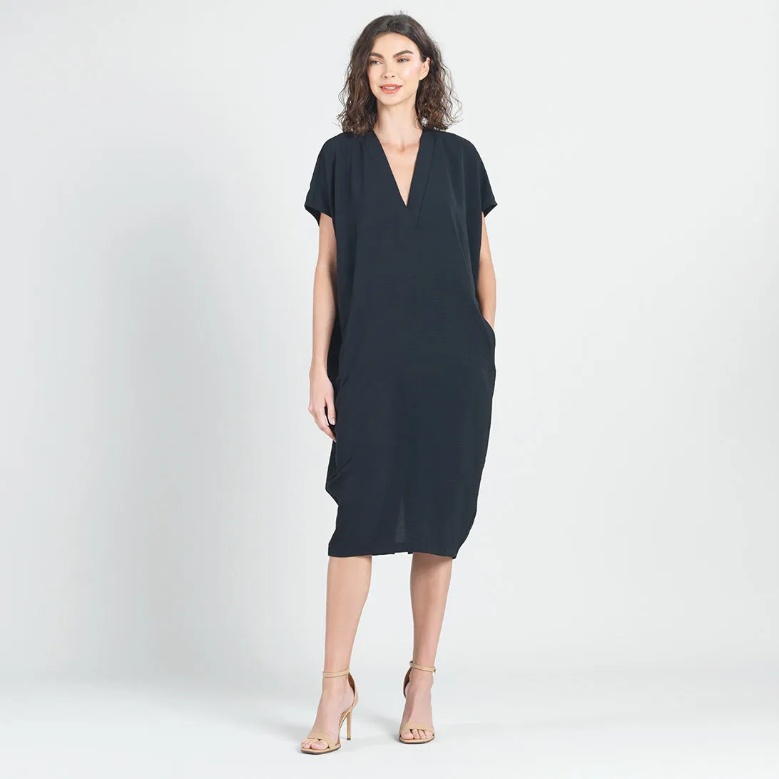 Soft Textured Rayon - Empire Waist Caftan Pocket Dress - Black - Limited Sizes!