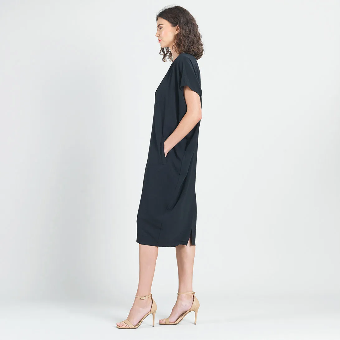 Soft Textured Rayon - Empire Waist Caftan Pocket Dress - Black - Limited Sizes!