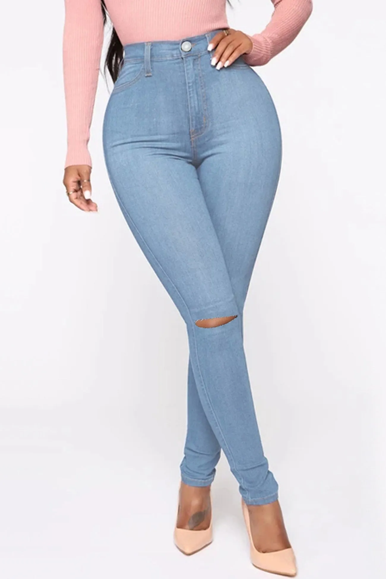 Solid Distressed Stretchy Jeans