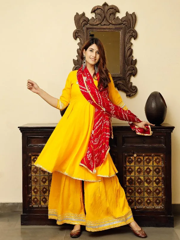 Solid Yellow & Red Flared Kurta Palazzo Set (Set of 3)