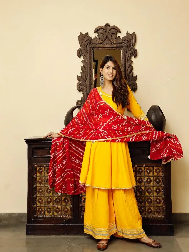 Solid Yellow & Red Flared Kurta Palazzo Set (Set of 3)