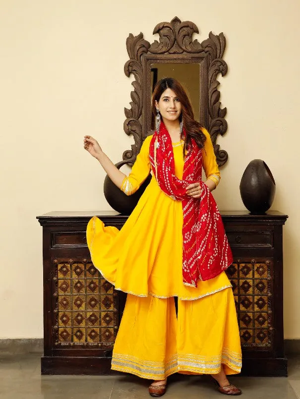 Solid Yellow & Red Flared Kurta Palazzo Set (Set of 3)