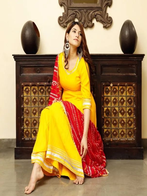 Solid Yellow & Red Flared Kurta Palazzo Set (Set of 3)