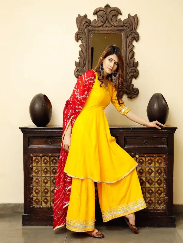 Solid Yellow & Red Flared Kurta Palazzo Set (Set of 3)