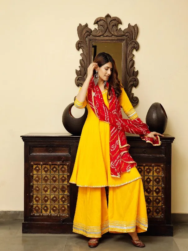 Solid Yellow & Red Flared Kurta Palazzo Set (Set of 3)