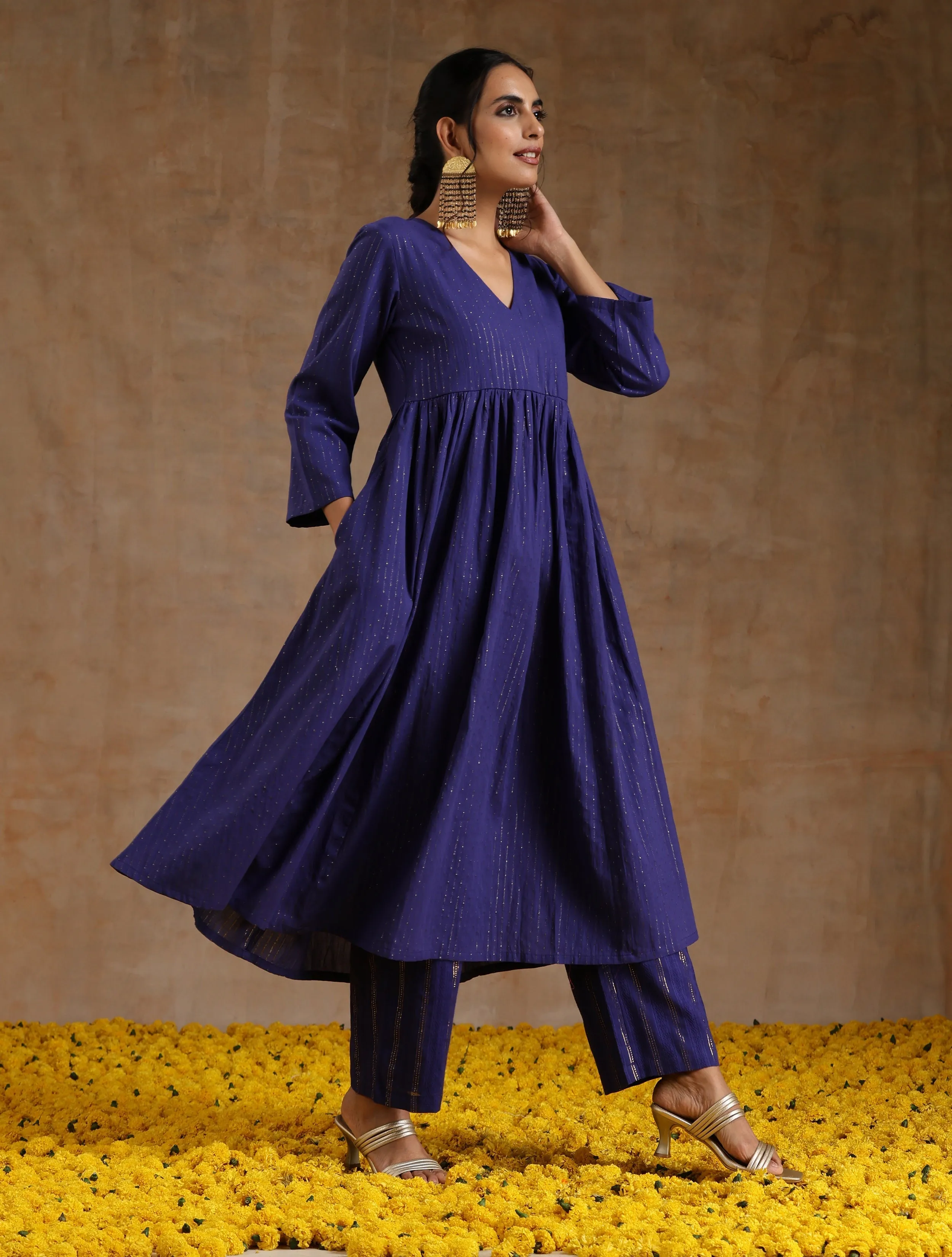 Spectrum Blue Gold Cotton Kalidar Kurta Set