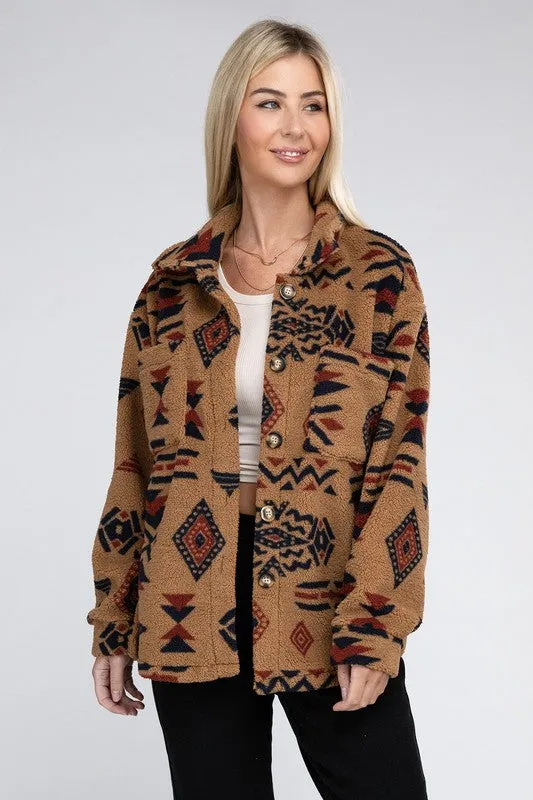 Sunset Camel Sherpa Shacket with Aztec Pattern