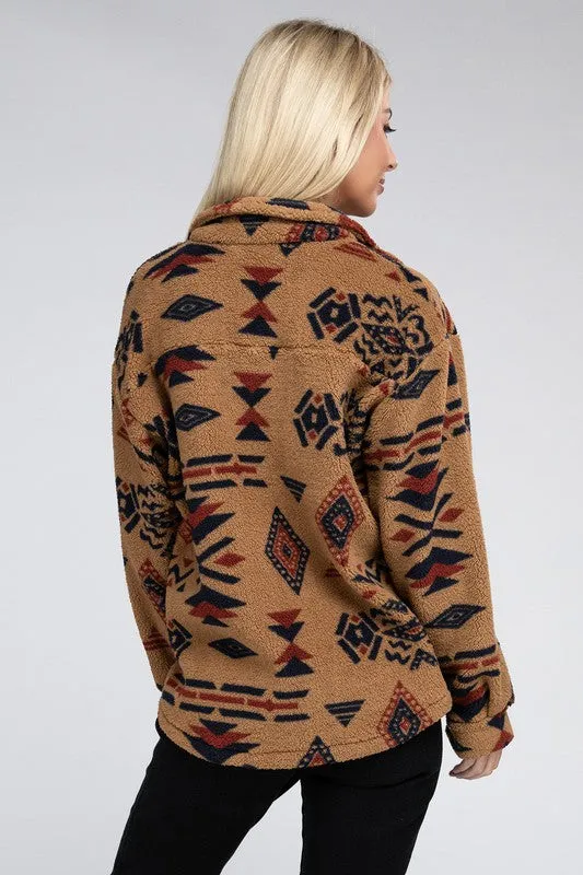 Sunset Camel Sherpa Shacket with Aztec Pattern