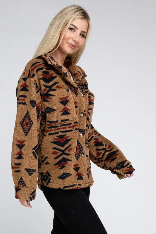 Sunset Camel Sherpa Shacket with Aztec Pattern