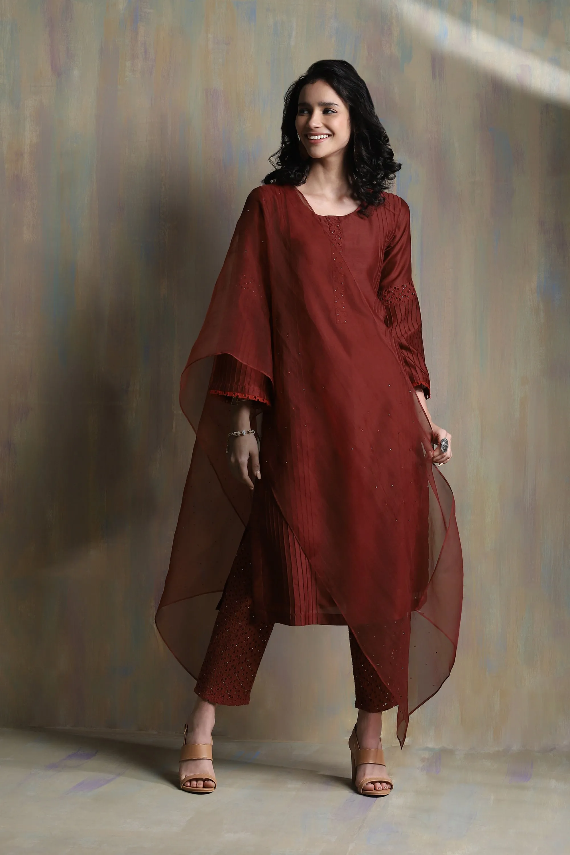 Swarovski Rust Flared Sleeves Kurta (Dupatta Optional)