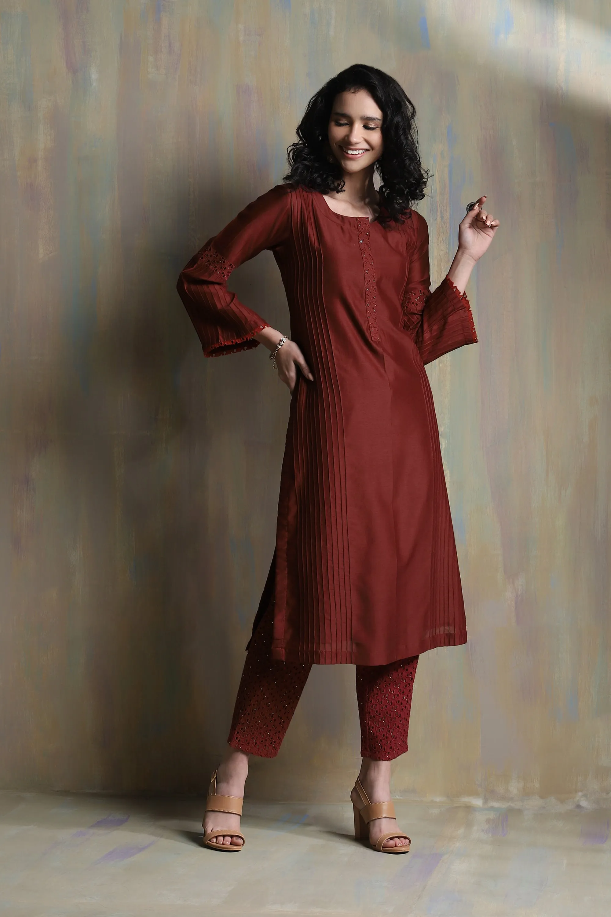 Swarovski Rust Flared Sleeves Kurta (Dupatta Optional)