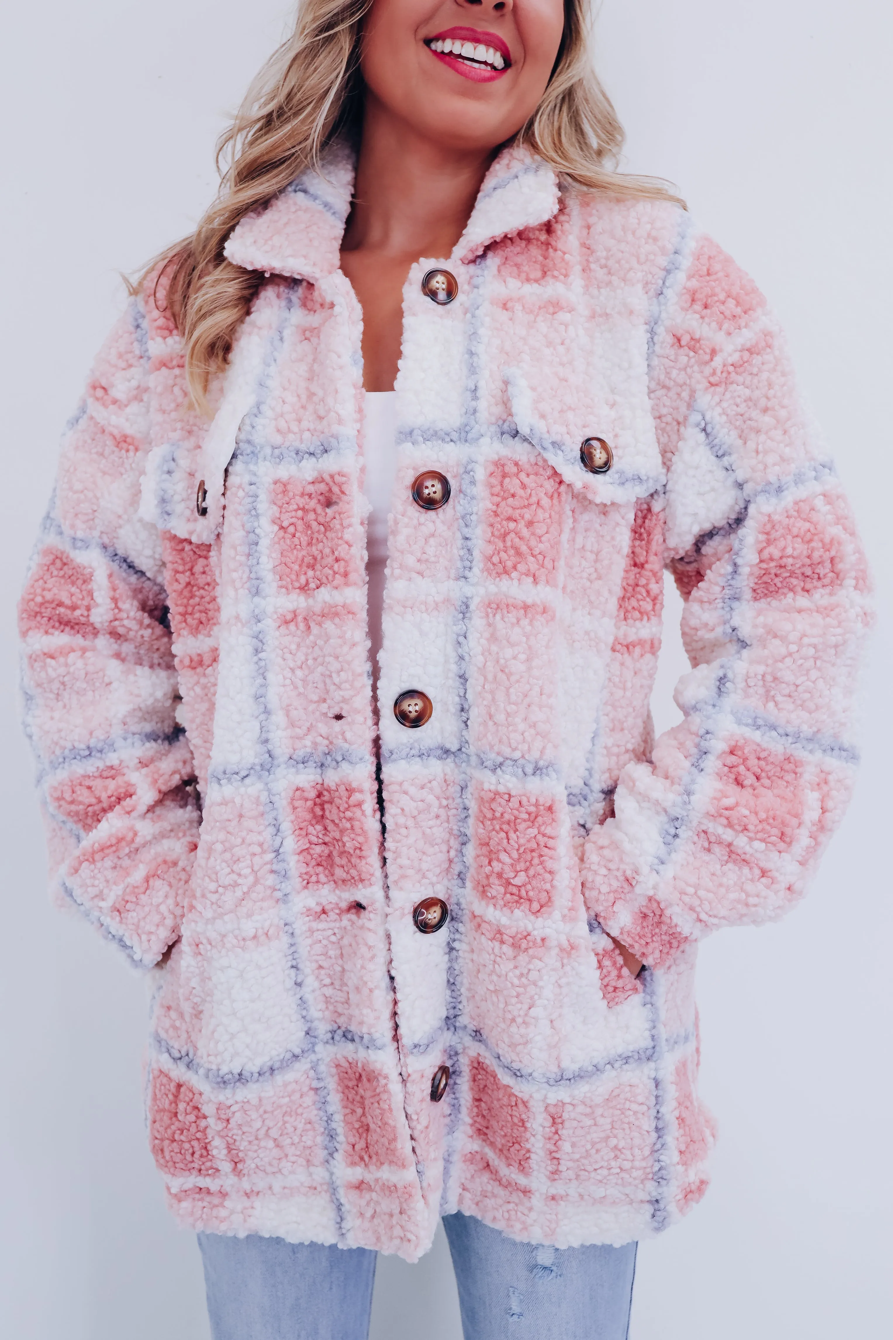 Teddy Plaid Sherpa Shacket - Pink