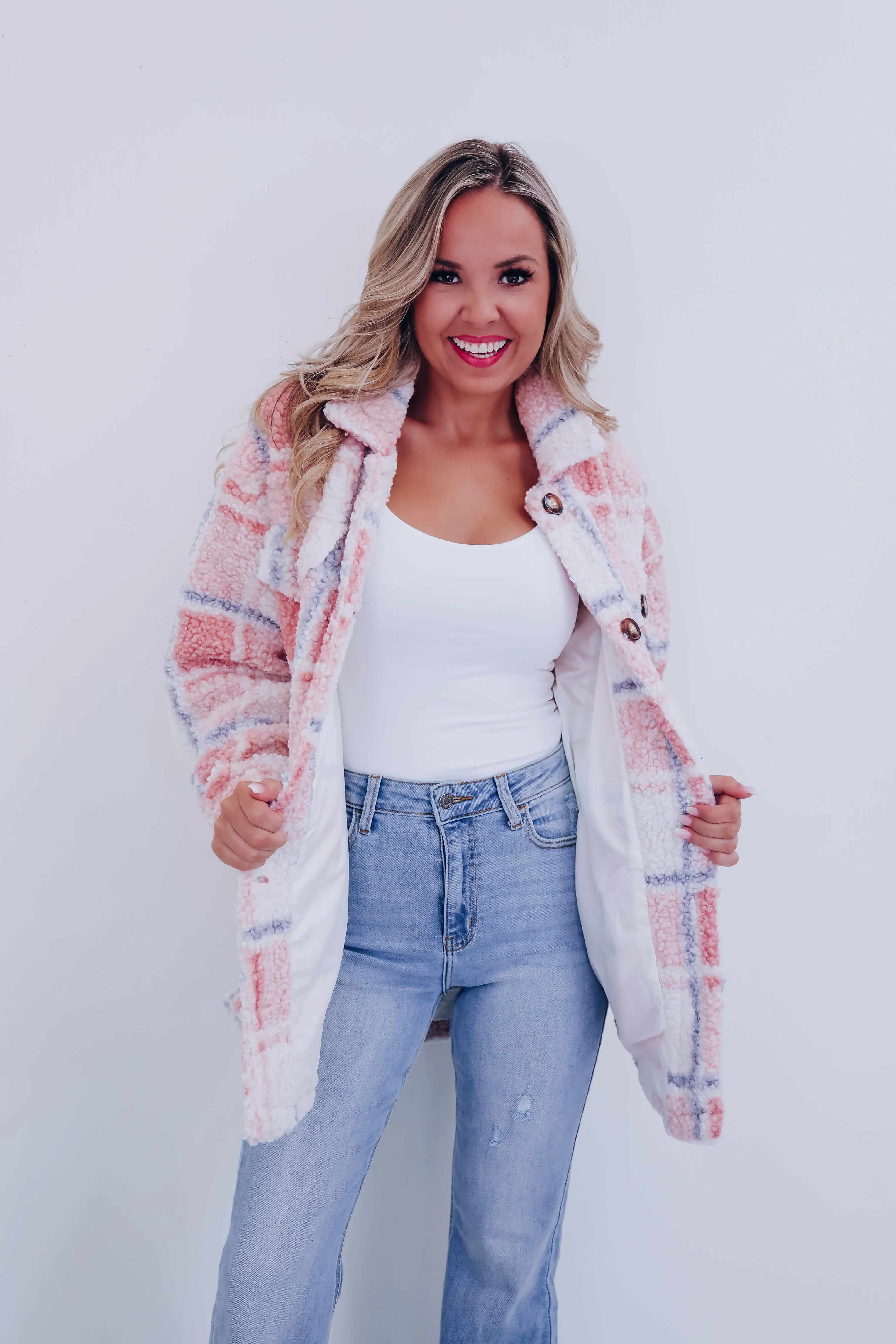 Teddy Plaid Sherpa Shacket - Pink