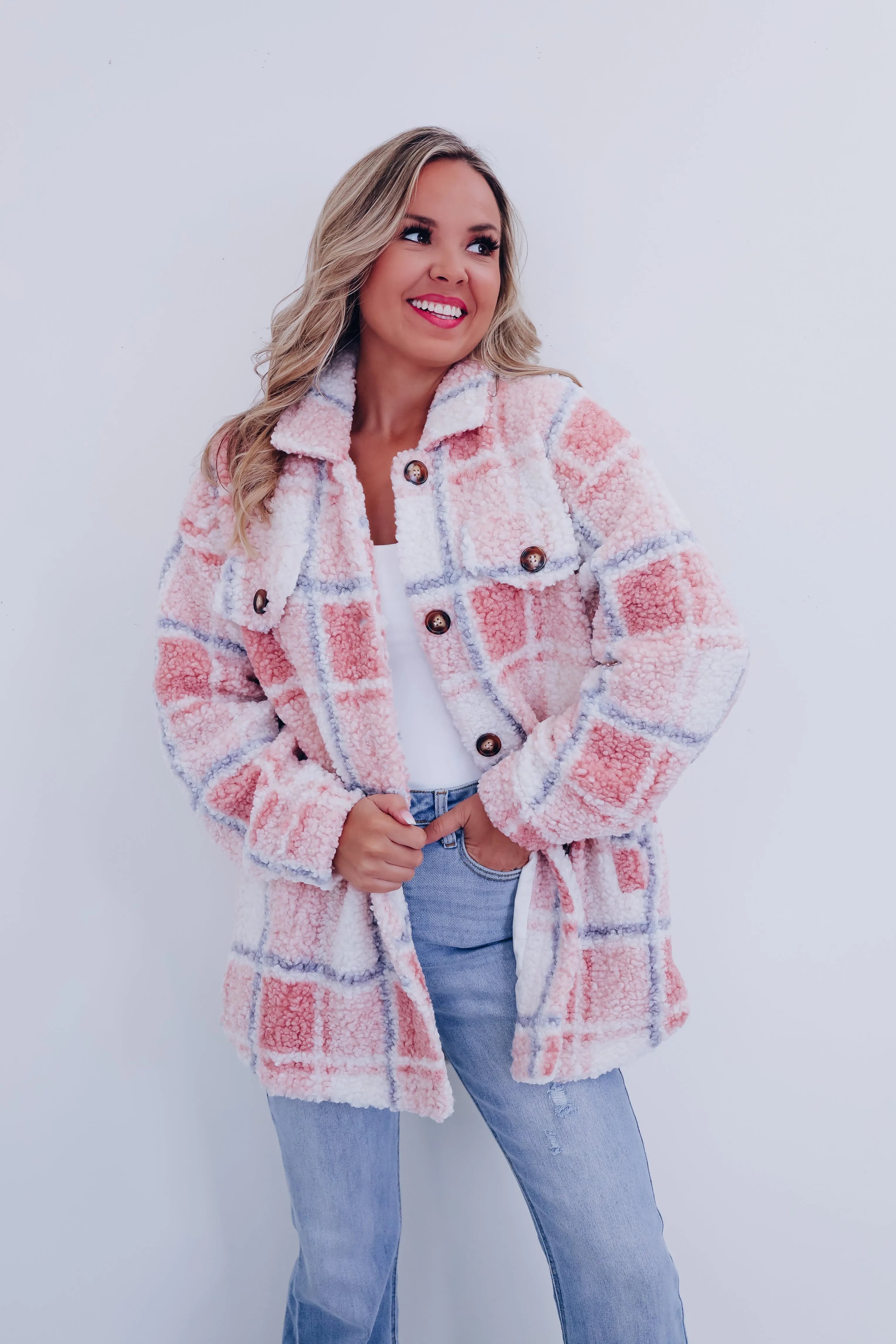 Teddy Plaid Sherpa Shacket - Pink