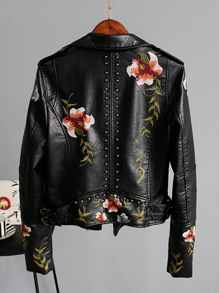 Trendy  Faux Leather Floral Print Jacket