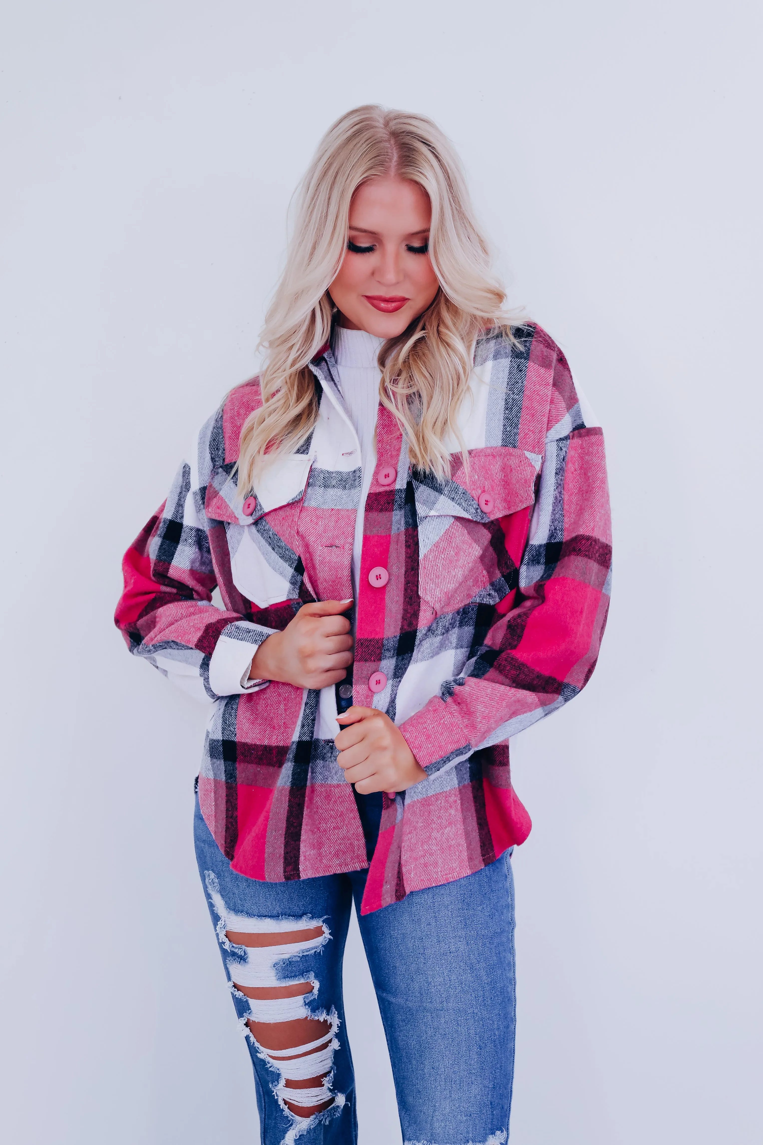 Trendy Time Plaid Shacket - Pink