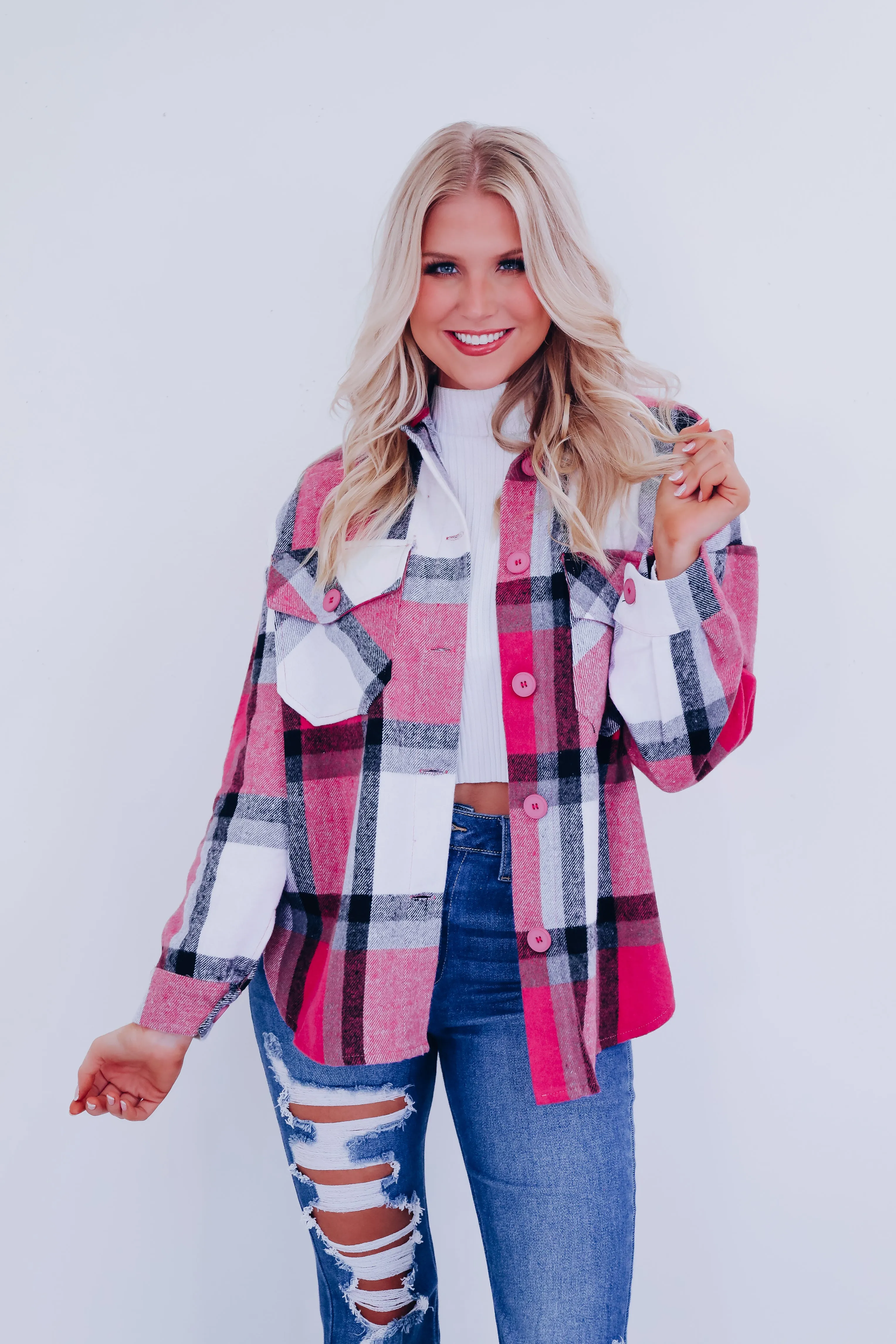 Trendy Time Plaid Shacket - Pink