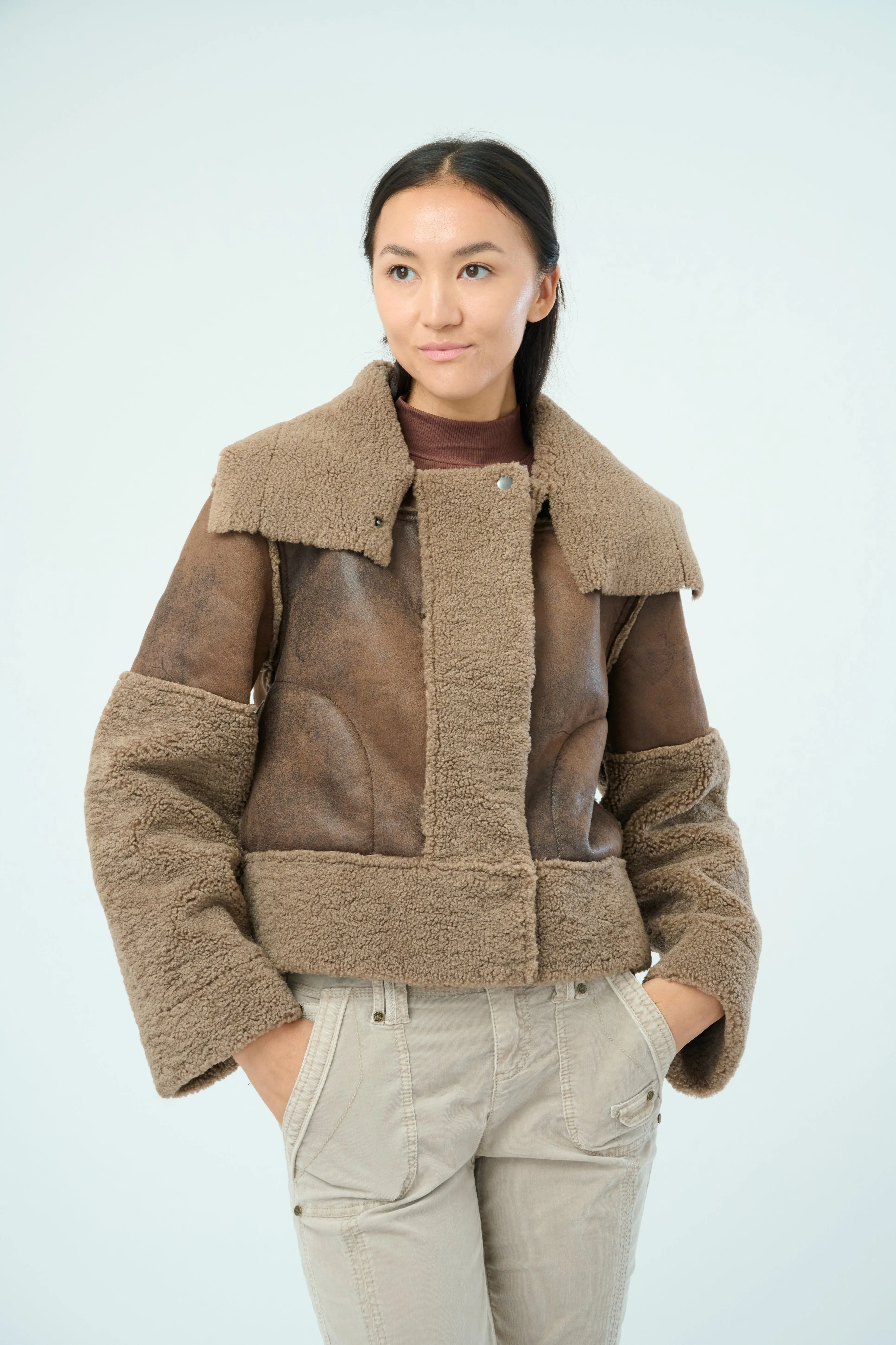 Trisha Bonded Distressed Suede Sherpa Jacket