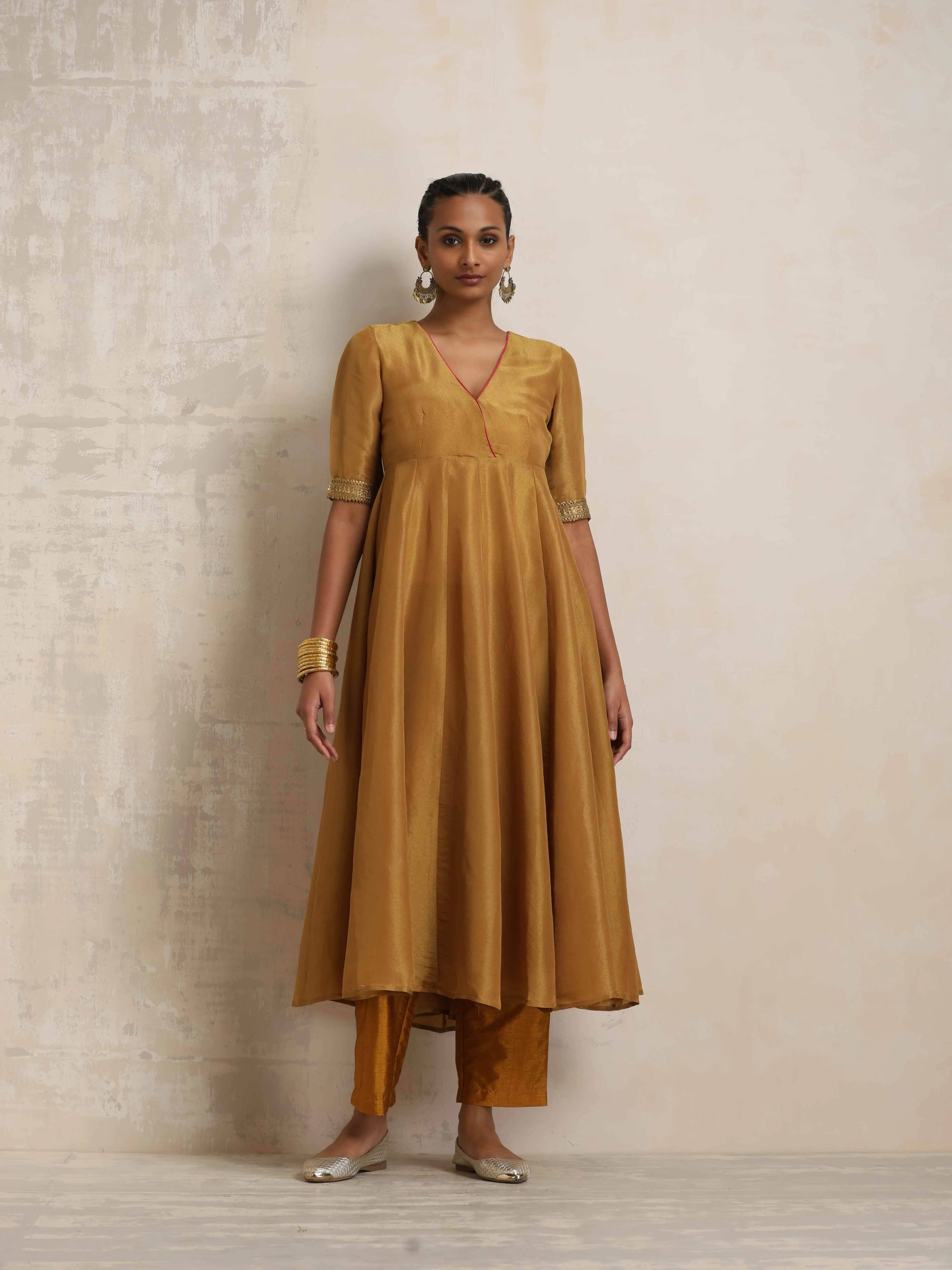 trueBrowns Gold Tissue Flared Anarkali Kurta Set