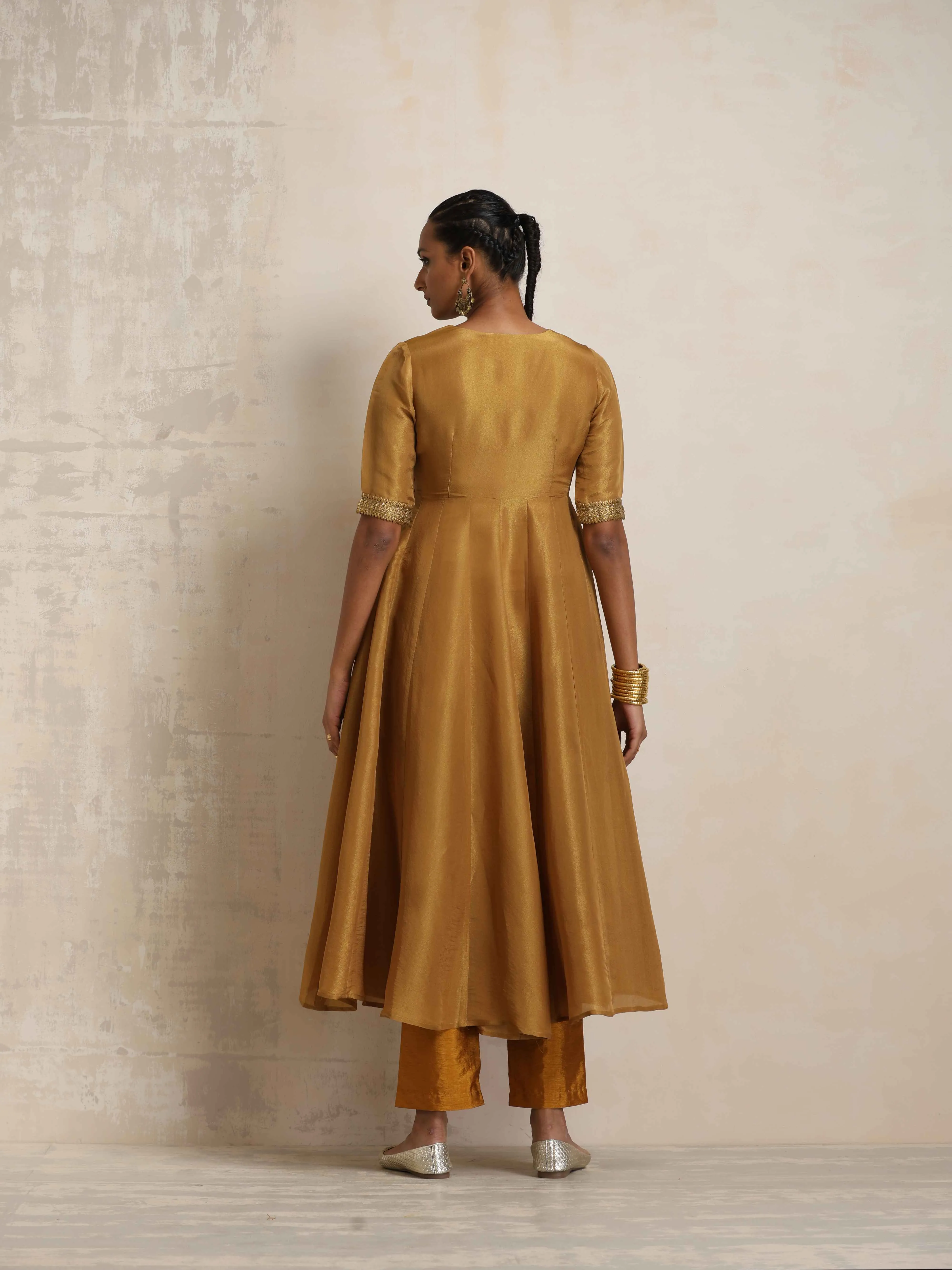 trueBrowns Gold Tissue Flared Anarkali Kurta Set