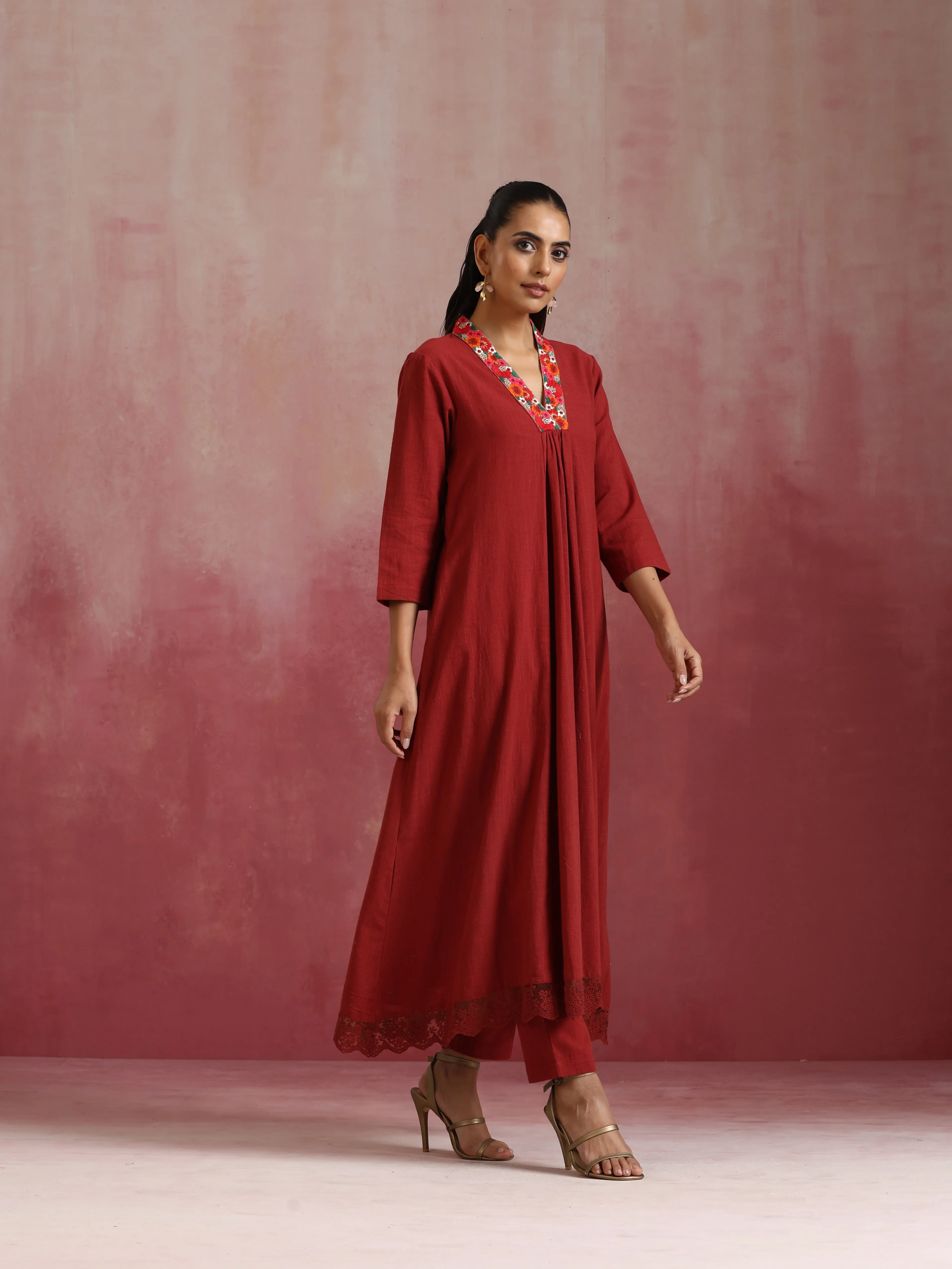 trueBrowns Maroon Cotton Dobby Kurta Set