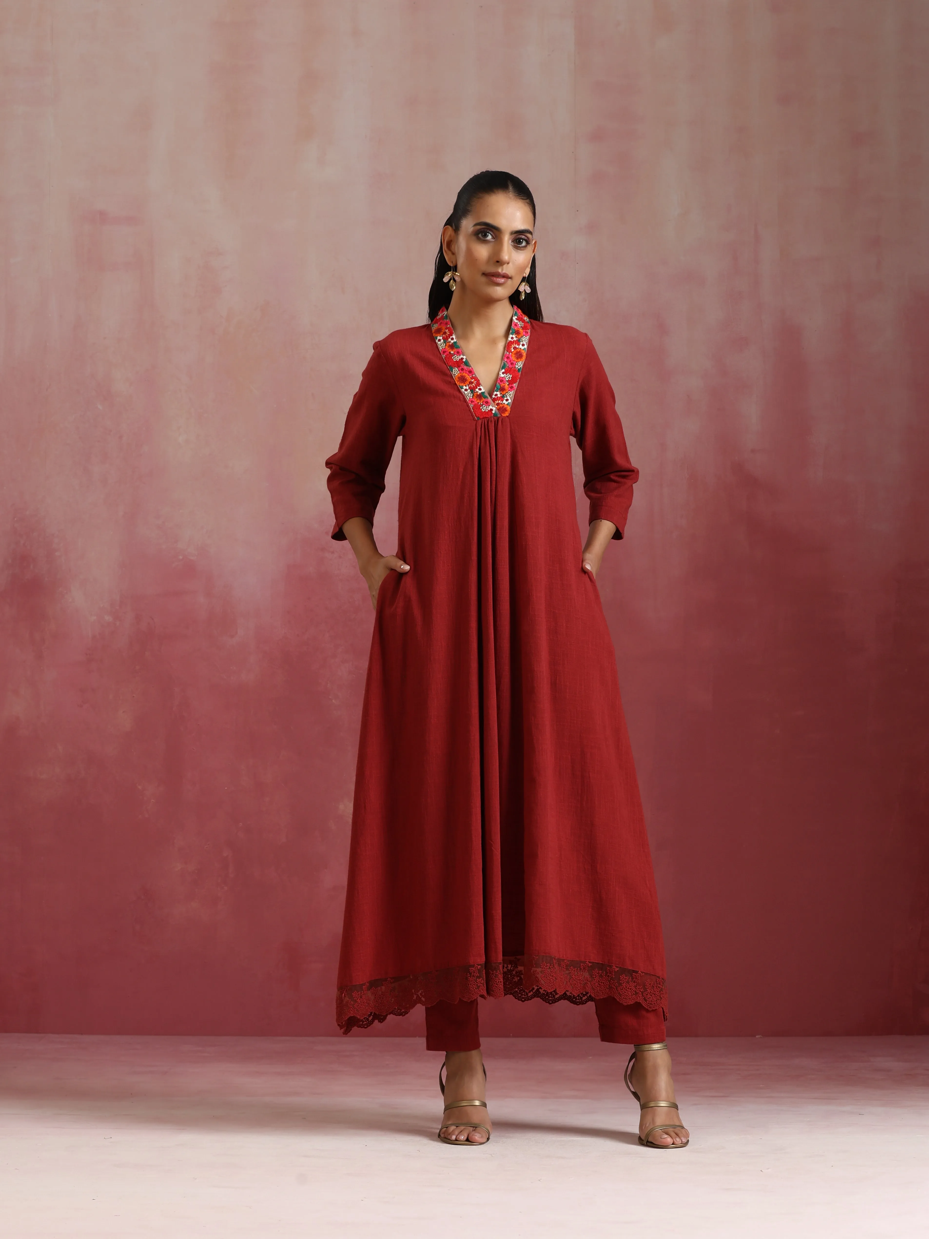 trueBrowns Maroon Cotton Dobby Kurta Set