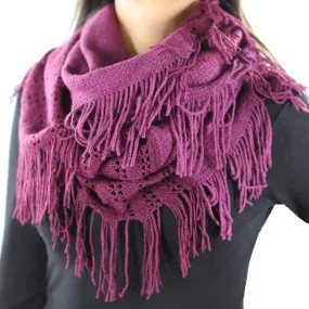 Two Toned Knit/Crochet Scarf w/ Tassels - Amethyst/Deep Plum