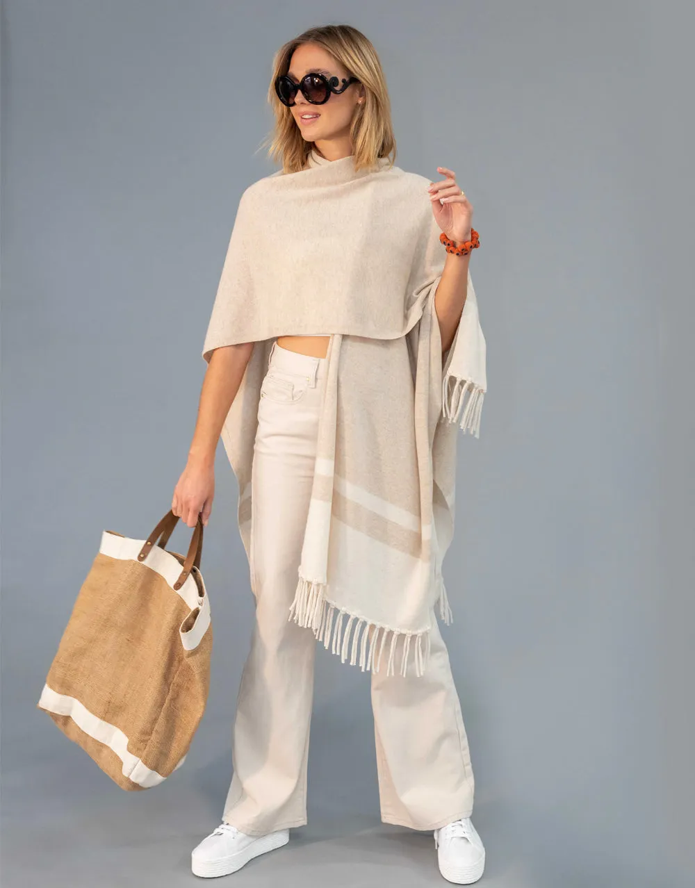 Un-Dyed Contrast Tassel Cape in Sand