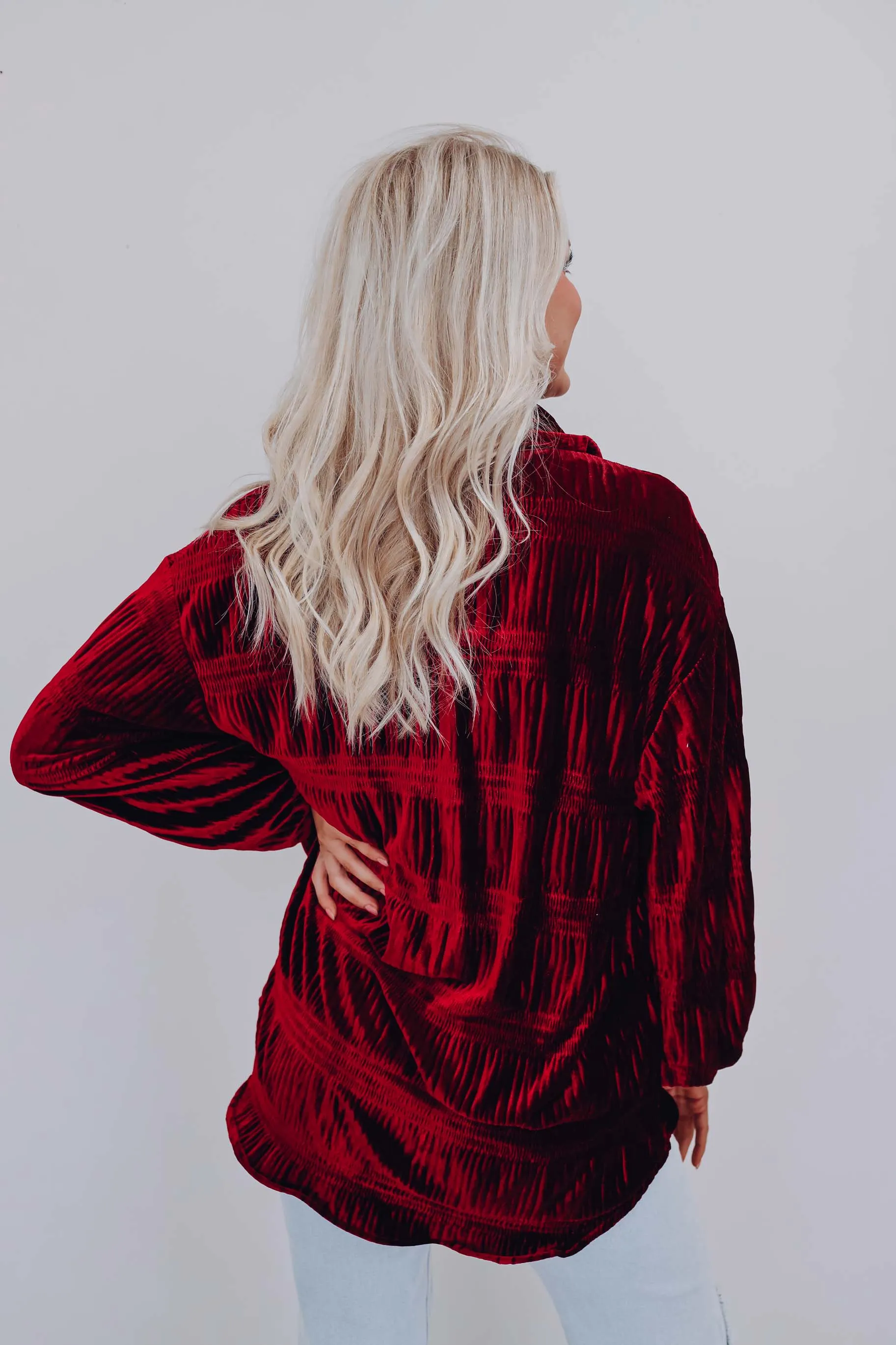 Velveteen Smocked Shacket - Burgundy