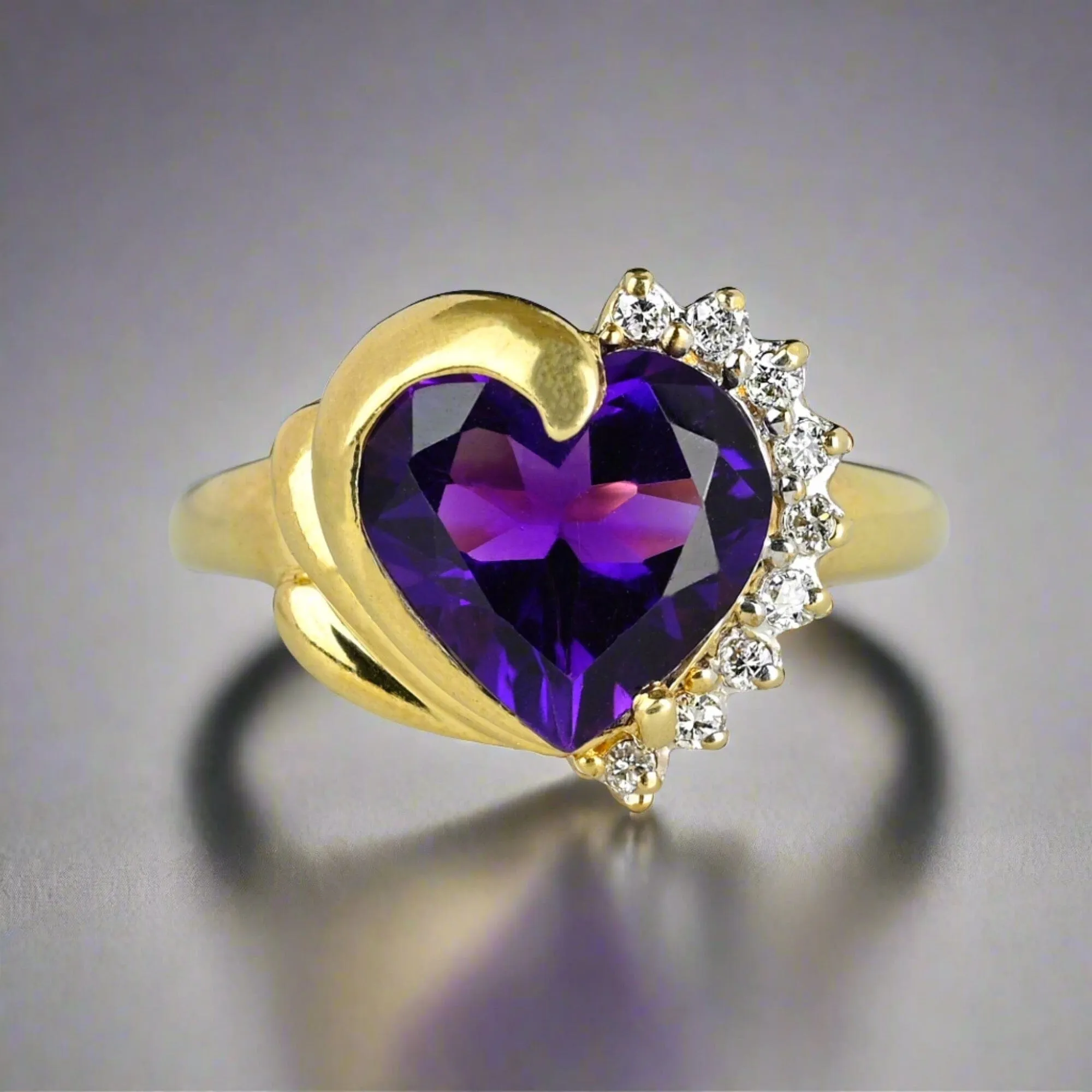 Vintage 14K Gold Diamond Accent Heart Shape Amethyst Ring