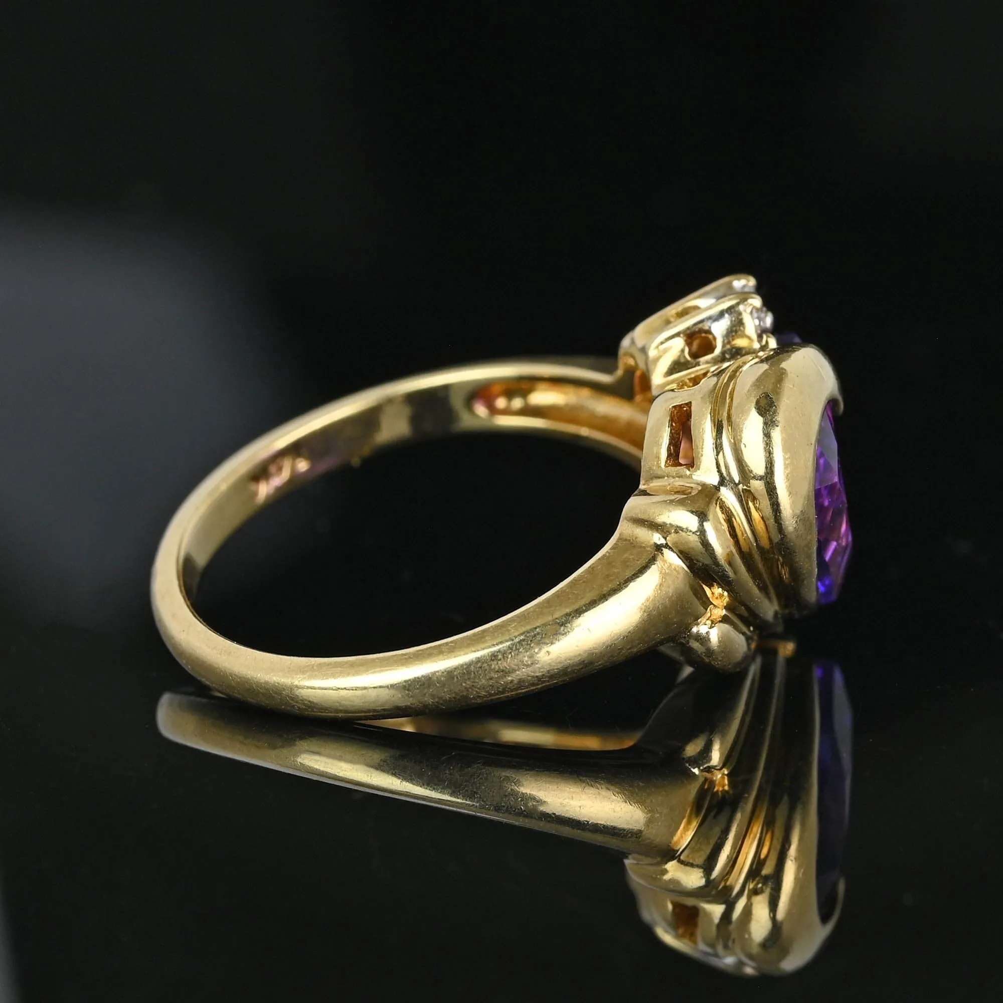 Vintage 14K Gold Diamond Accent Heart Shape Amethyst Ring