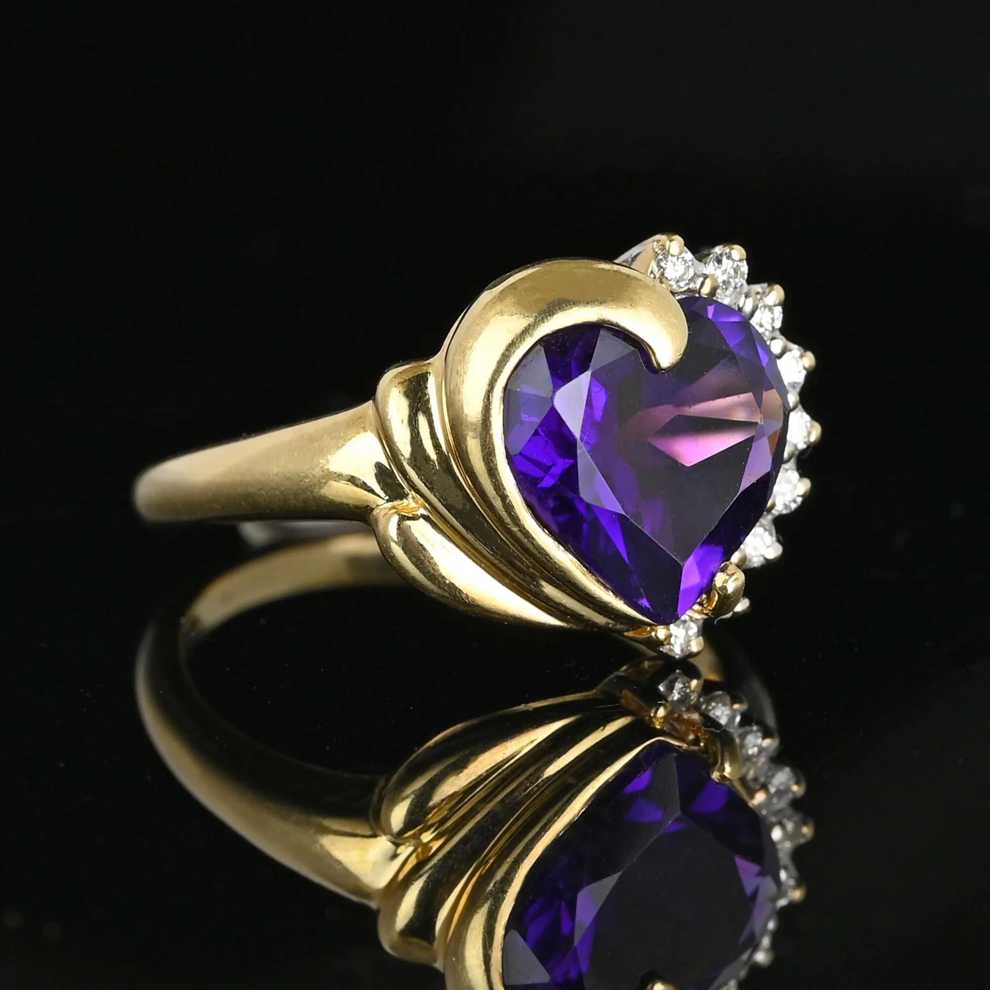 Vintage 14K Gold Diamond Accent Heart Shape Amethyst Ring